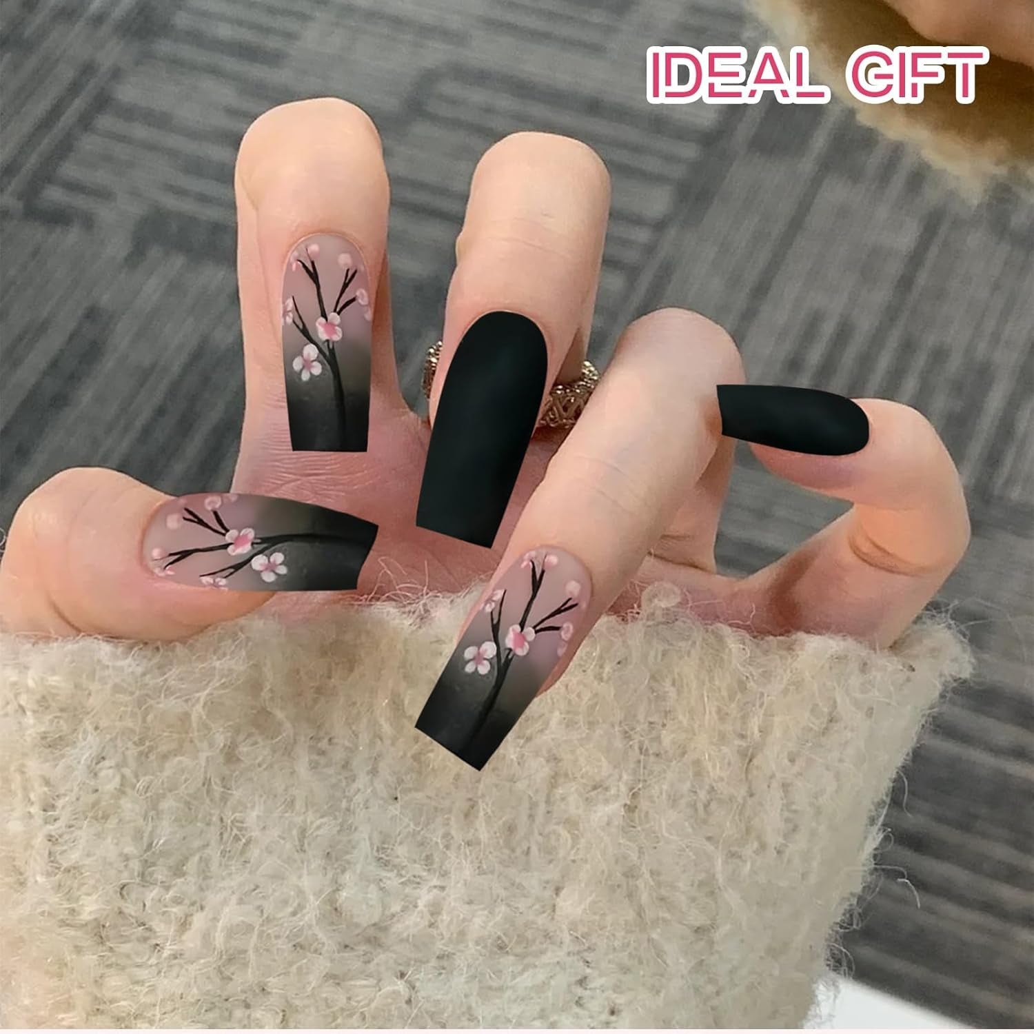24 stk Autumn Black French Press Negle Pink Flower Lange negle lim på falske negle Autumn falske negle sæt med tilbehør