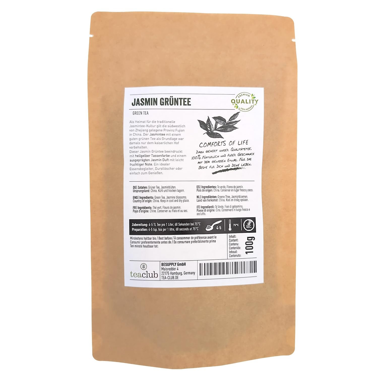 Løs jasminte 100 g, naturligt aromatiseret jasminblomstgrøn te, jasmingrøn te med en udtalt jasminsmag, Teaclub Grøn te