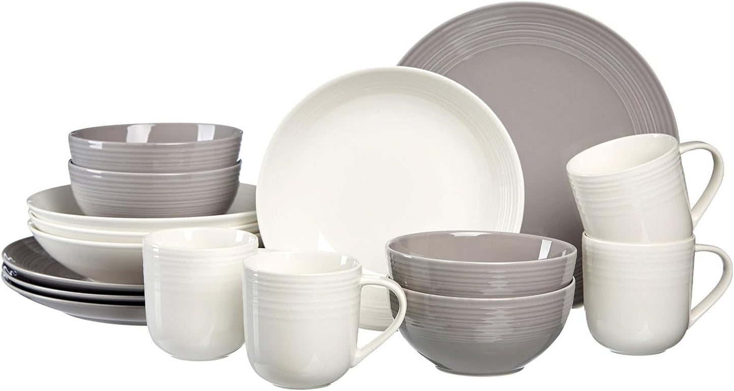Ritzenhoff & Breker Levi 16-delt porcelænssæt, tallerkener, skåle og krus til 4, skandinavisk design med fint riflet relief, Mix & Match-stel, porcelæn, hvid og grå