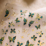JMEOWIO 3D Nagelsticker Grün Gold Schmetterling Nail Art Sticker Selbstklebend Nagelaufkleber 5D Stereoskopisk Dekoration Nageldesign Tilbehør 1 Blatt