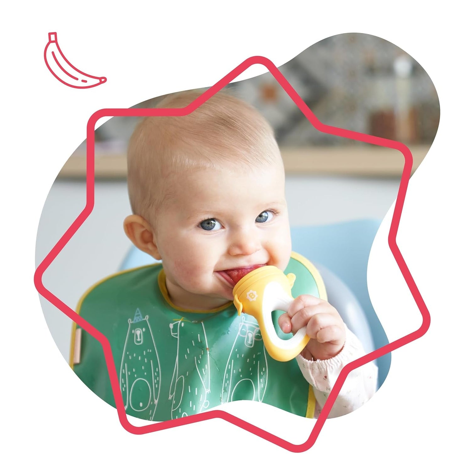 Badabulle babyfoder med beskyttende betræk, ergonomisk håndtag, beroliger tandkødet og introducerer nye smagsvarianter, fra 4 måneder, BPA-fri