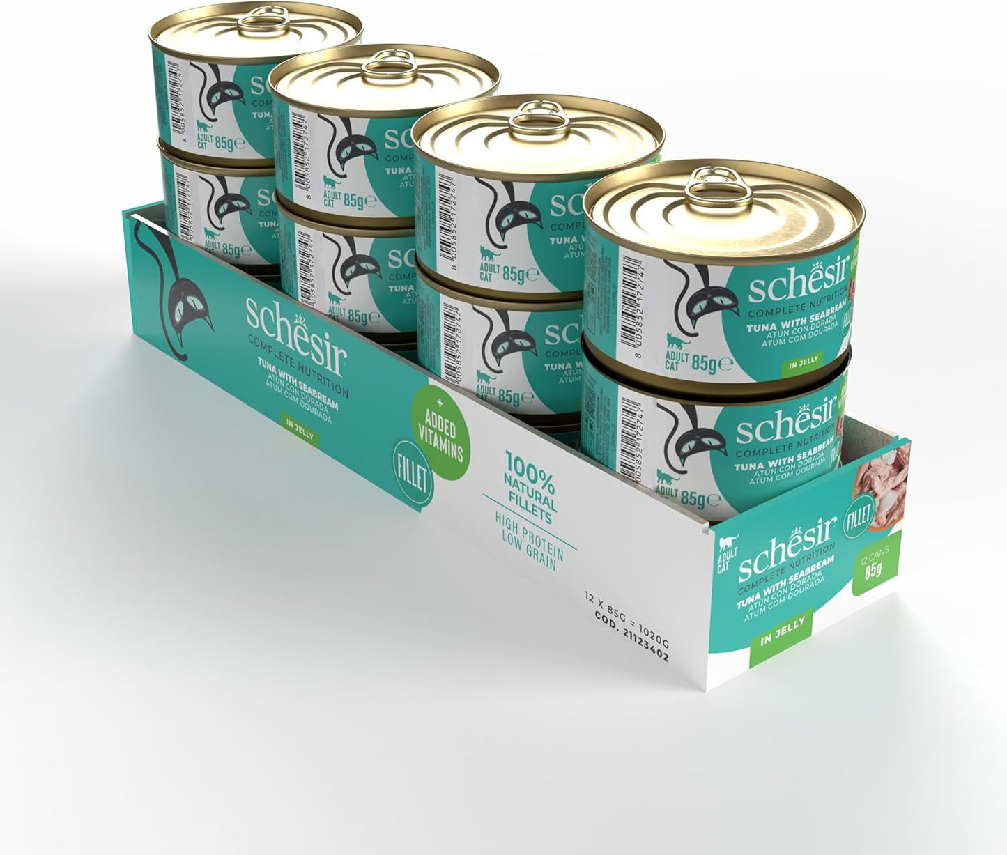 Tun med gylden gelé, våd kattefoder, dåse, 100% naturlig, tilsat vitaminer, 12 x 85g
