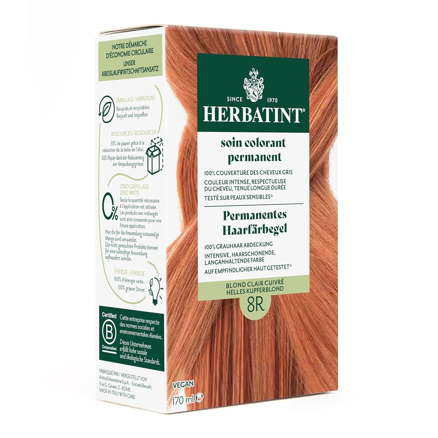 Permanent hårfarvegel 6N mørkblond - 170 ml I ammoniakfri, 100 % grå hårdækning Jeg testet på følsom hud, med 8 planteekstrakter Naty Shop hårfarve 8R lys kobberblond