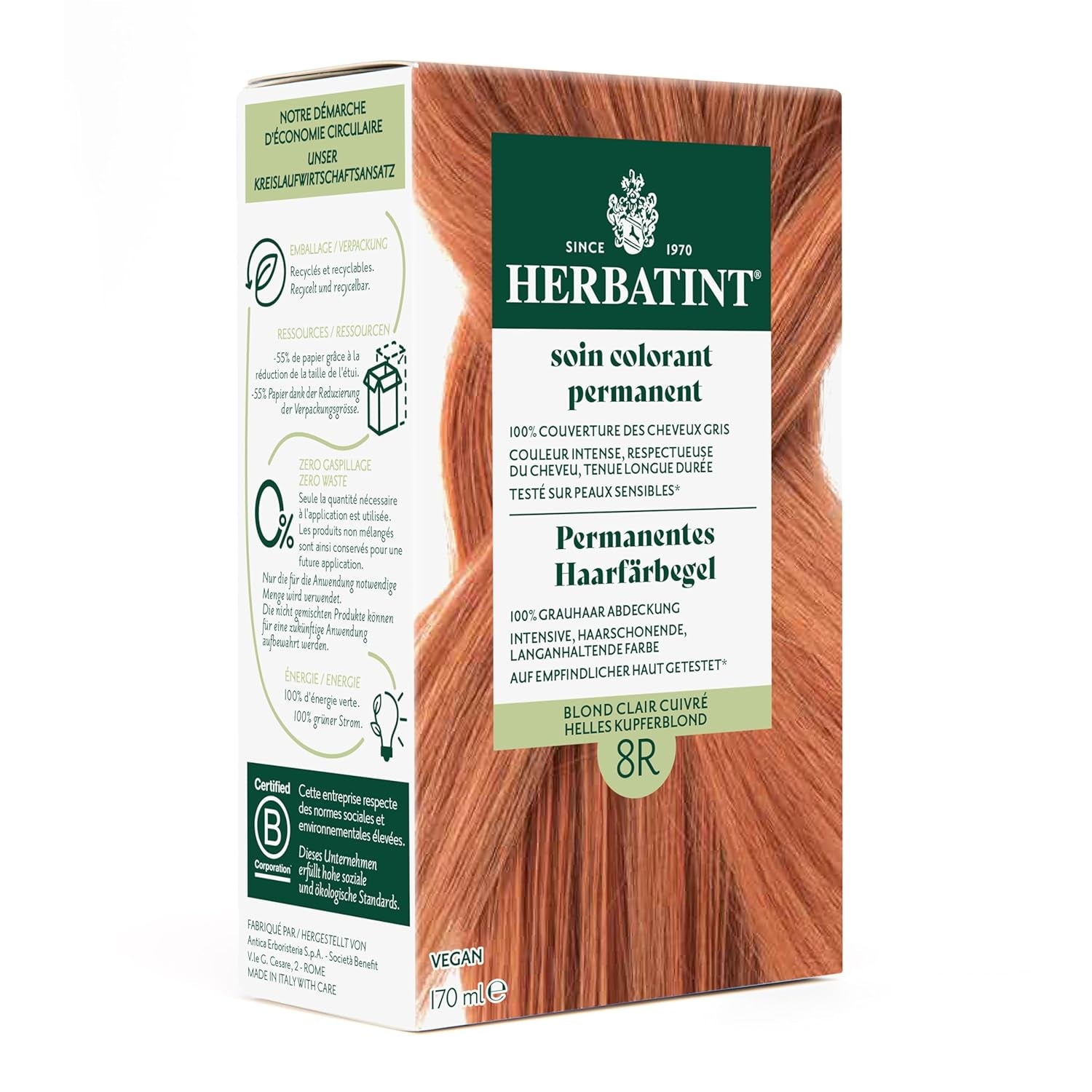 Permanent hårfarvegel 6N mørkblond - 170 ml I ammoniakfri, 100 % grå hårdækning Jeg testet på følsom hud, med 8 planteekstrakter Naty Shop hårfarve 8R lys kobberblond