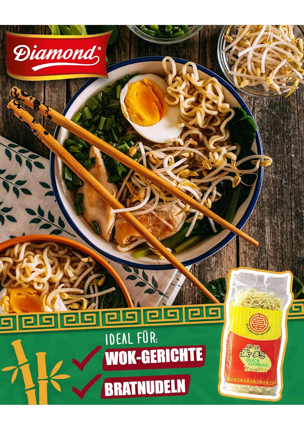 DIAMOND Nudler med æg, instant hvedemel wok nudler og tilbehør - 1 x 500 g