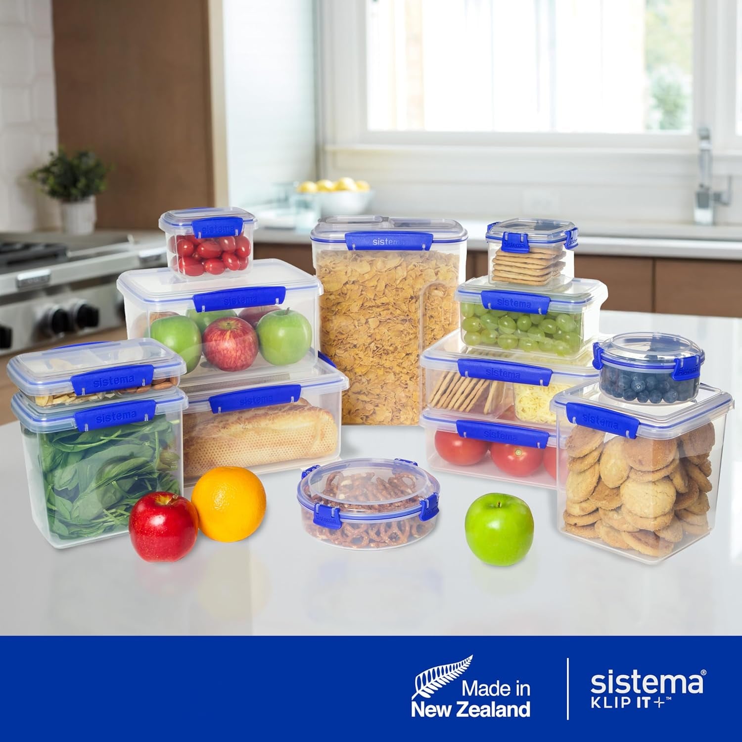 Krukke til madopbevaring KLIP IT System | 9,67 l | stabelbar og lufttæt opbevaringskrukke med låg, velegnet til køle/fryseskab | BPA-fri plast | blå klip | 1 stk (pakke med 4) Naty Shop madopbevaringsbokse