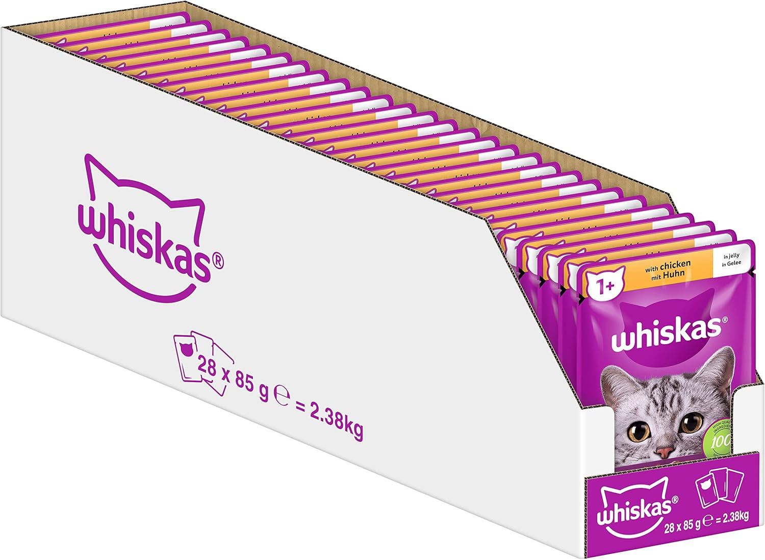 Whiskas 1+ vådfoder til katte med kylling i gelé, 28x85g (1 pakke) - Højkvalitets vådfoder til voksne katte i poser med 28 portioner