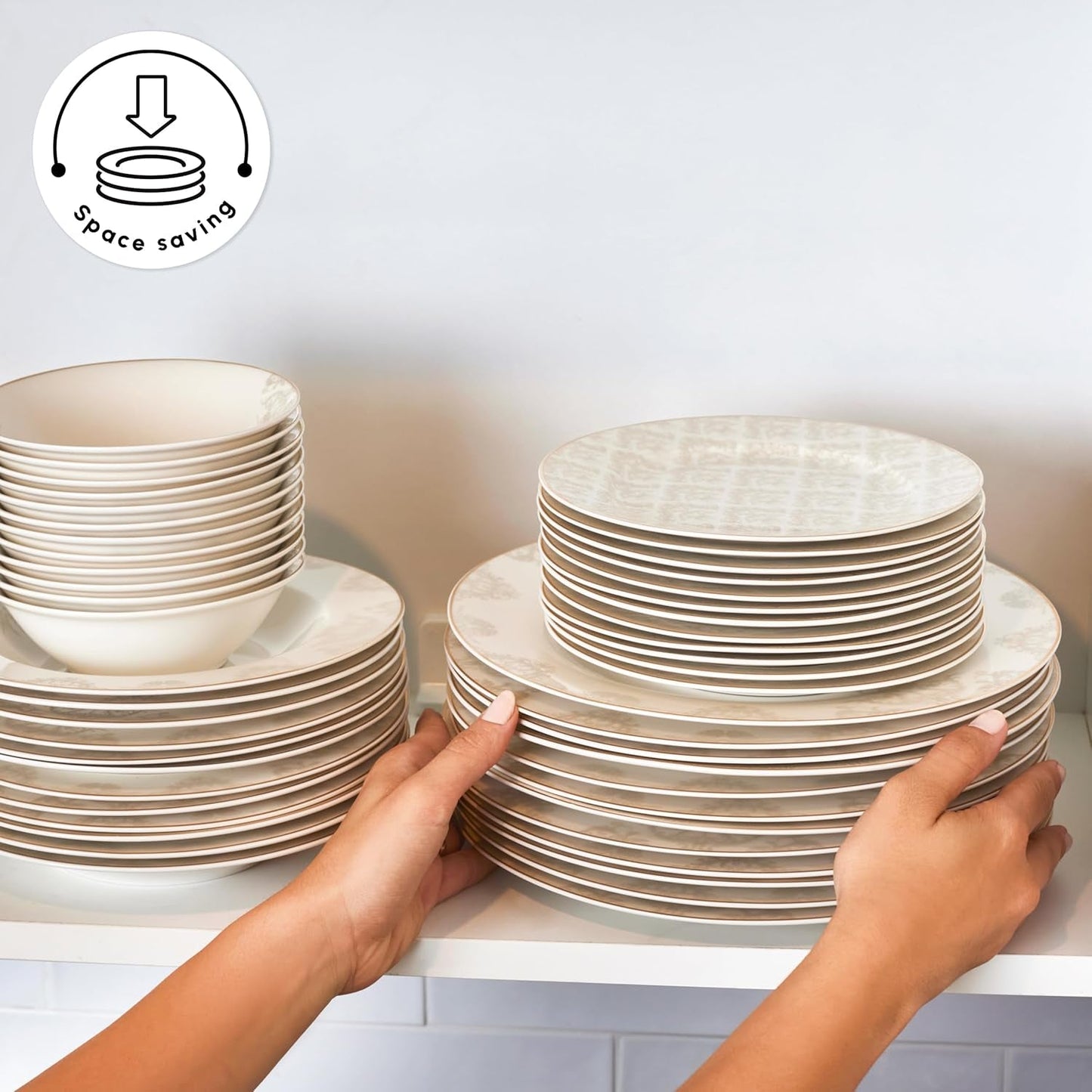 Karaca Elegance Bone Siena Spisesæt til 12, Moderne Porcelænsstel, Spisesæt med Suppeskåle, Serveringsfad, Dybe tallerkener, Desserttallerkener - hvid og guld