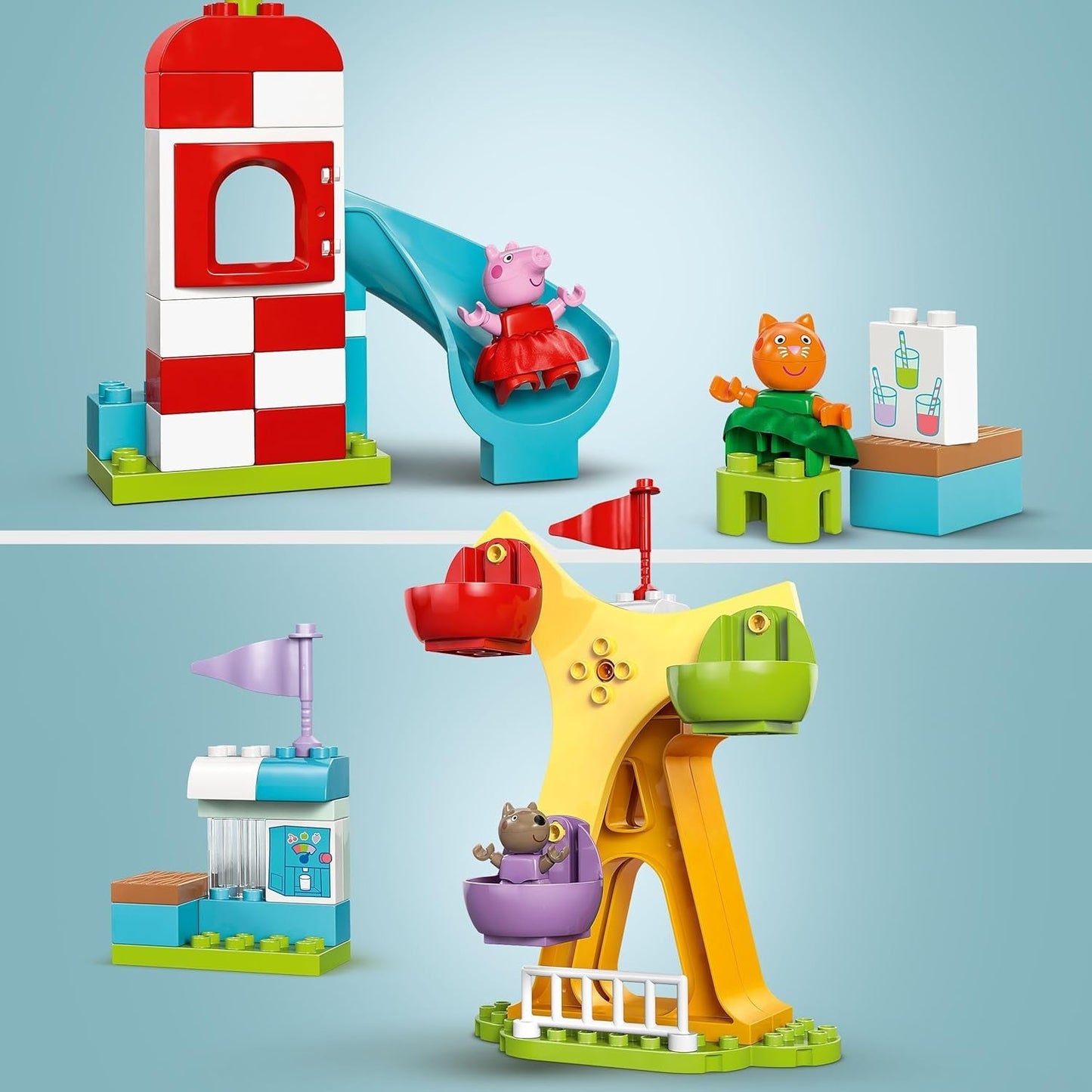 LEGO DUPLO Peppa Wutz Fairground - Børnelegetøj og motorisk legetøj for 2+ år - Førskolespil med stort hjul, rutsjebane og 3 figurer inklusive Mollie Kitty og Klausi Kläff - Gave til børn 10453 Byggesæt Besuche den LEGO-Store