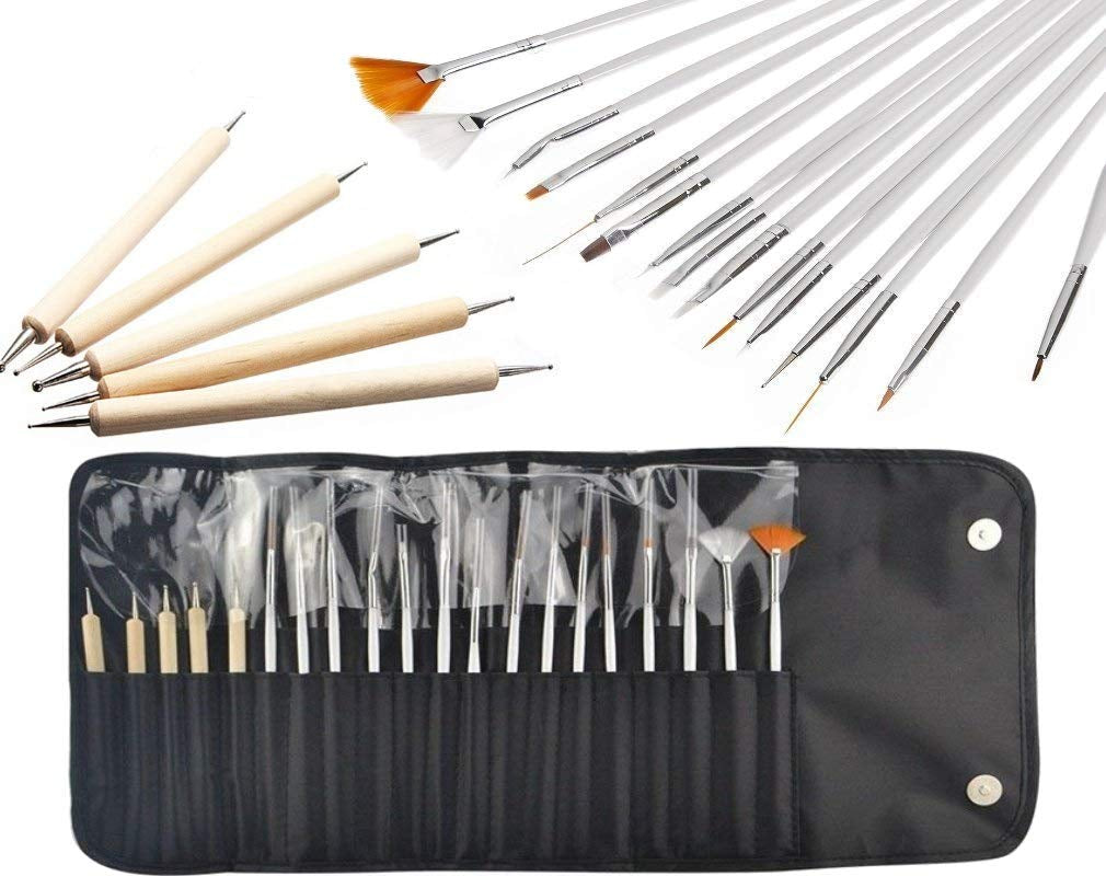 ® 20 X professionelle neglebørster, gel, malerpensler, kunstnerbørster, franske neglebørstesæt, værktøjssæt med spidse spidser, til negledesign, maling, prikmønster osv., med pose