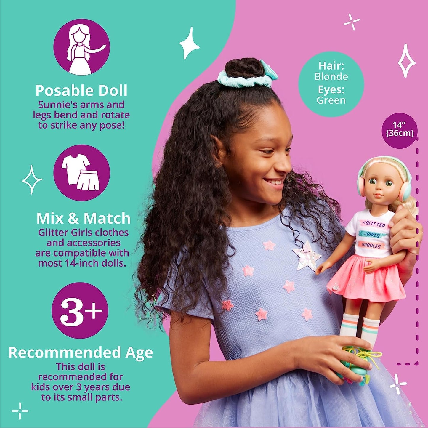 Glitterpiger - Sunnie Dolls - Sunnie Articulated Doll 36cm - Blondt hår og grønne øjne - Legetøj fra 3 år og opefter