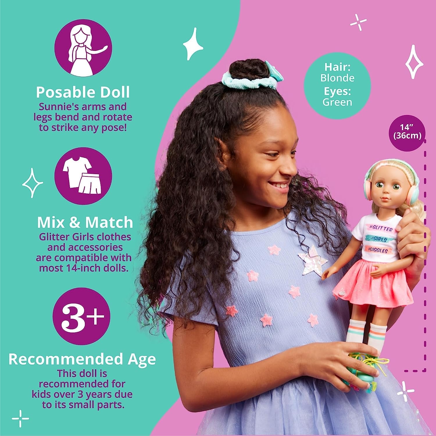 Glitterpiger - Sunnie Dolls - Sunnie Articulated Doll 36cm - Blondt hår og grønne øjne - Legetøj fra 3 år og opefter