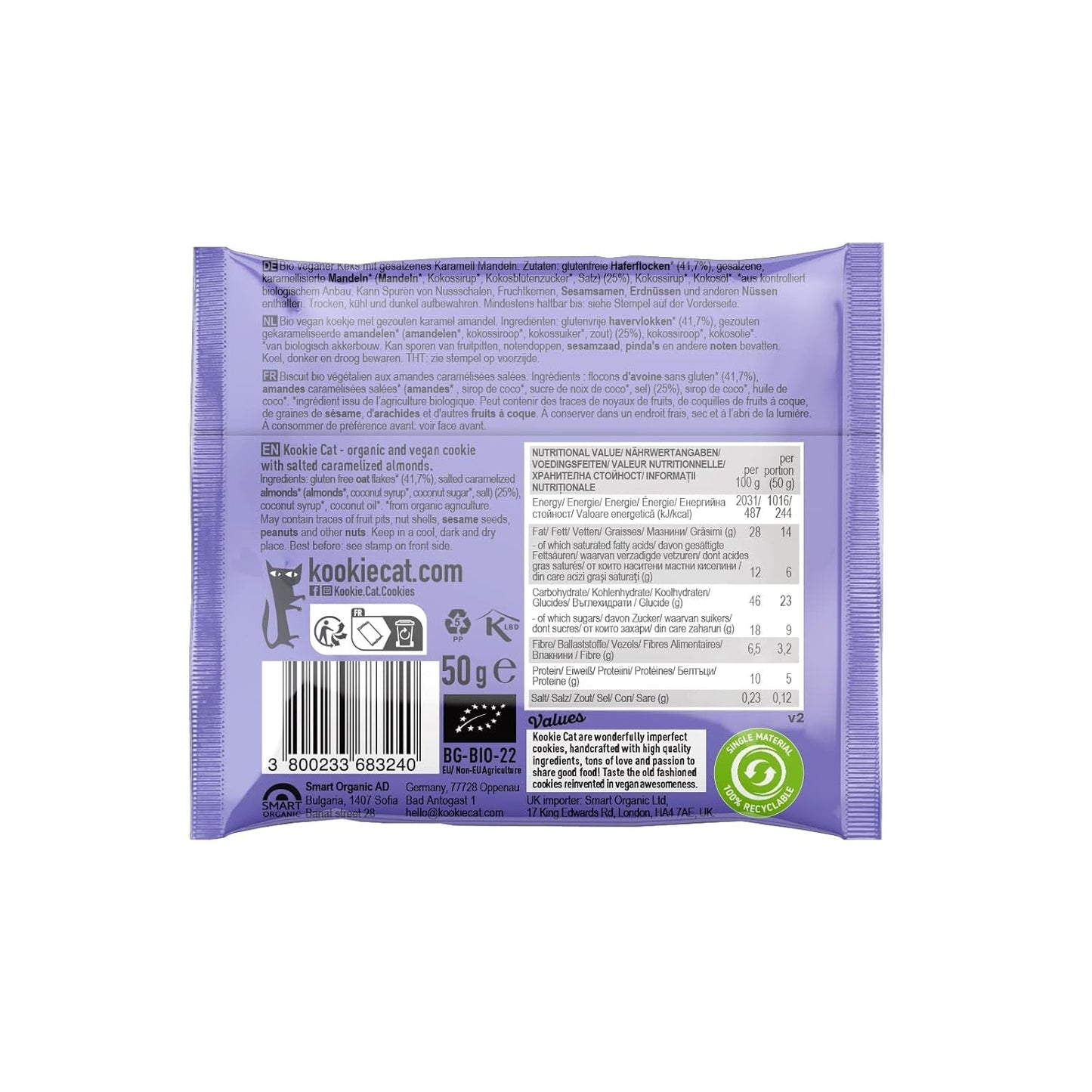 Veganske saltede karamelmandelkager - individuelt indpakket glutenfri sojafri økologisk mandelhavre - 12 x 50 g multipak (pakke med 2)