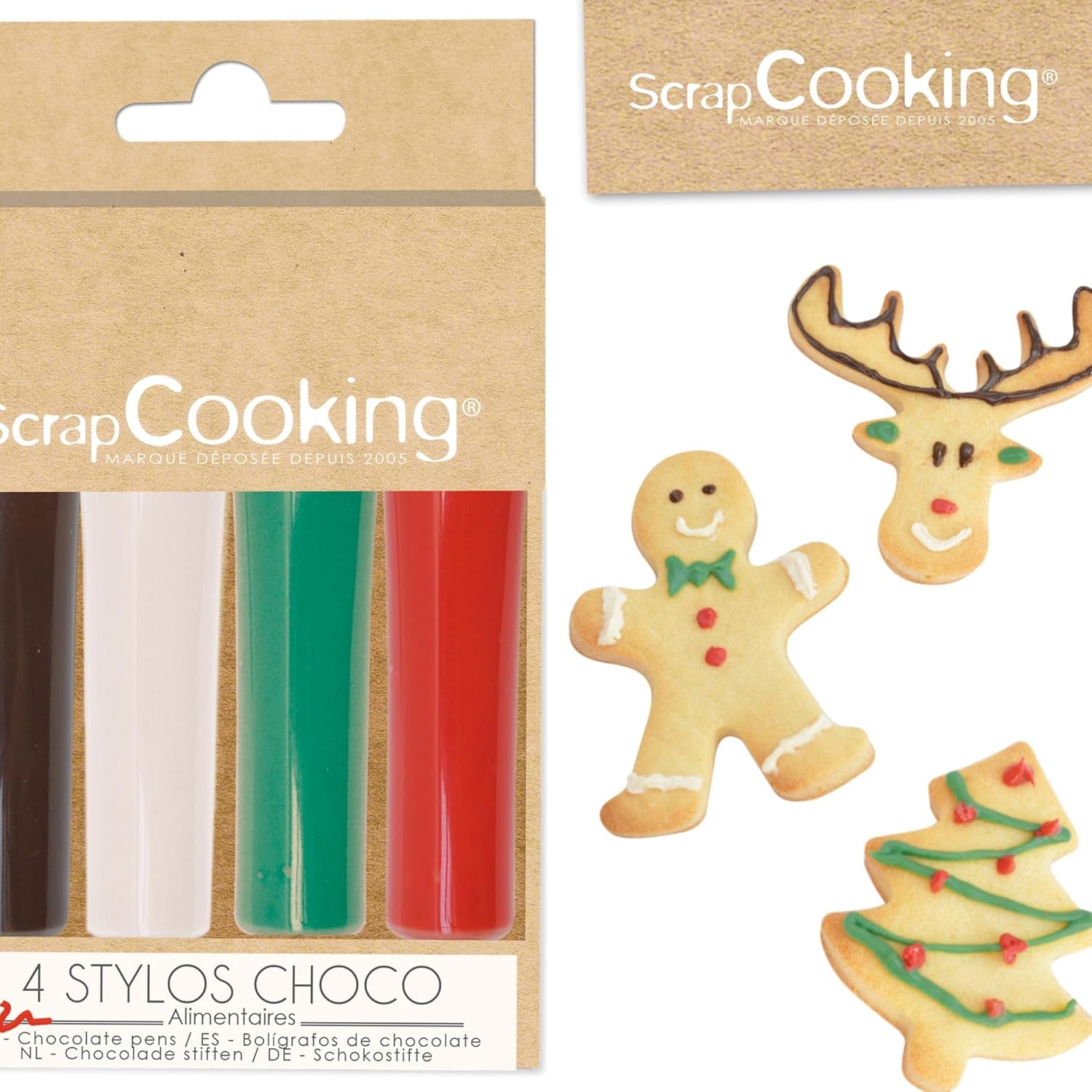 Scrapcooking - Sæt med 4 julechokoladefarvede blyanter - brun, hvid, grøn og rød - spiselig farve - madfarve til skrivning - skriv og tegn på desserter, kager og småkager - 7060