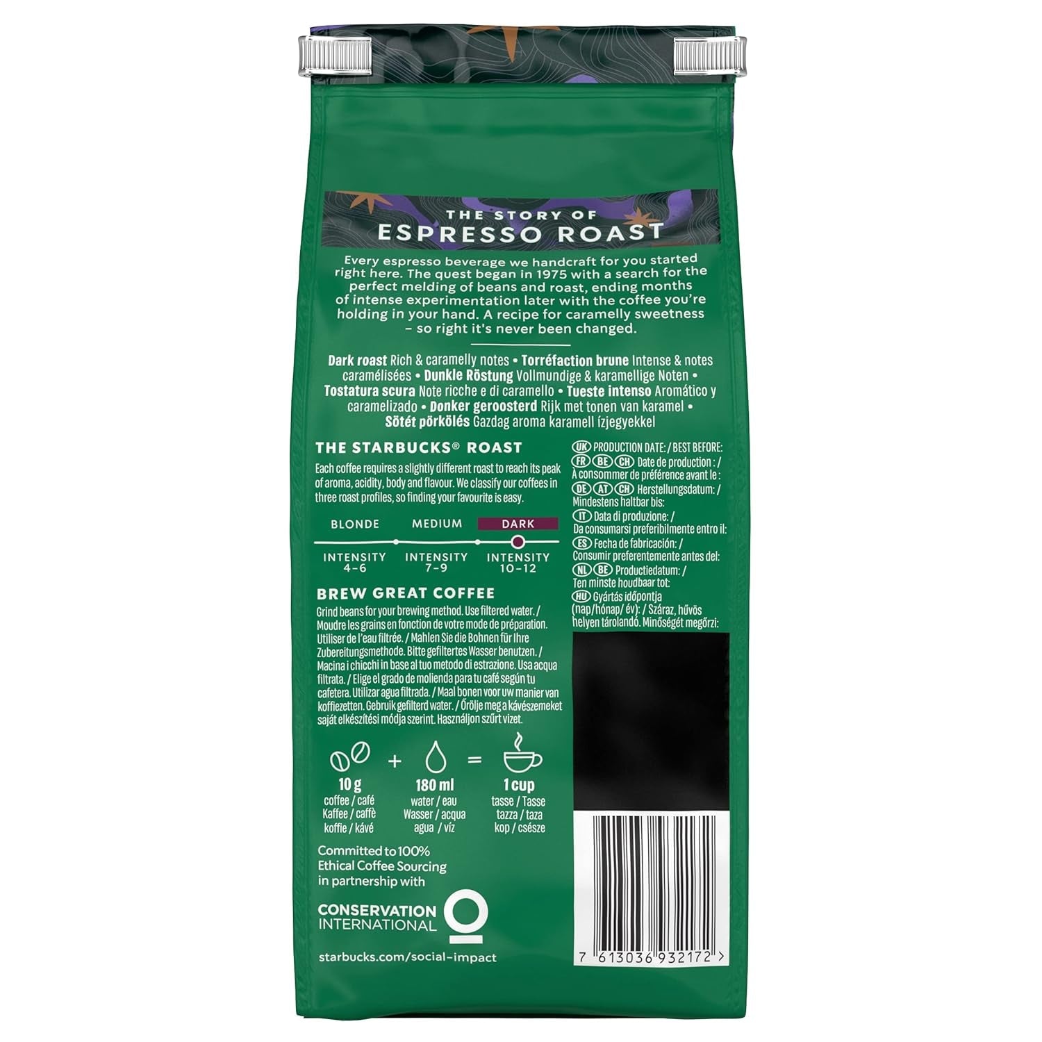STARBUCKS Espresso stegt, sort stegt, hele kaffebønner 200 g (pakke med 6)