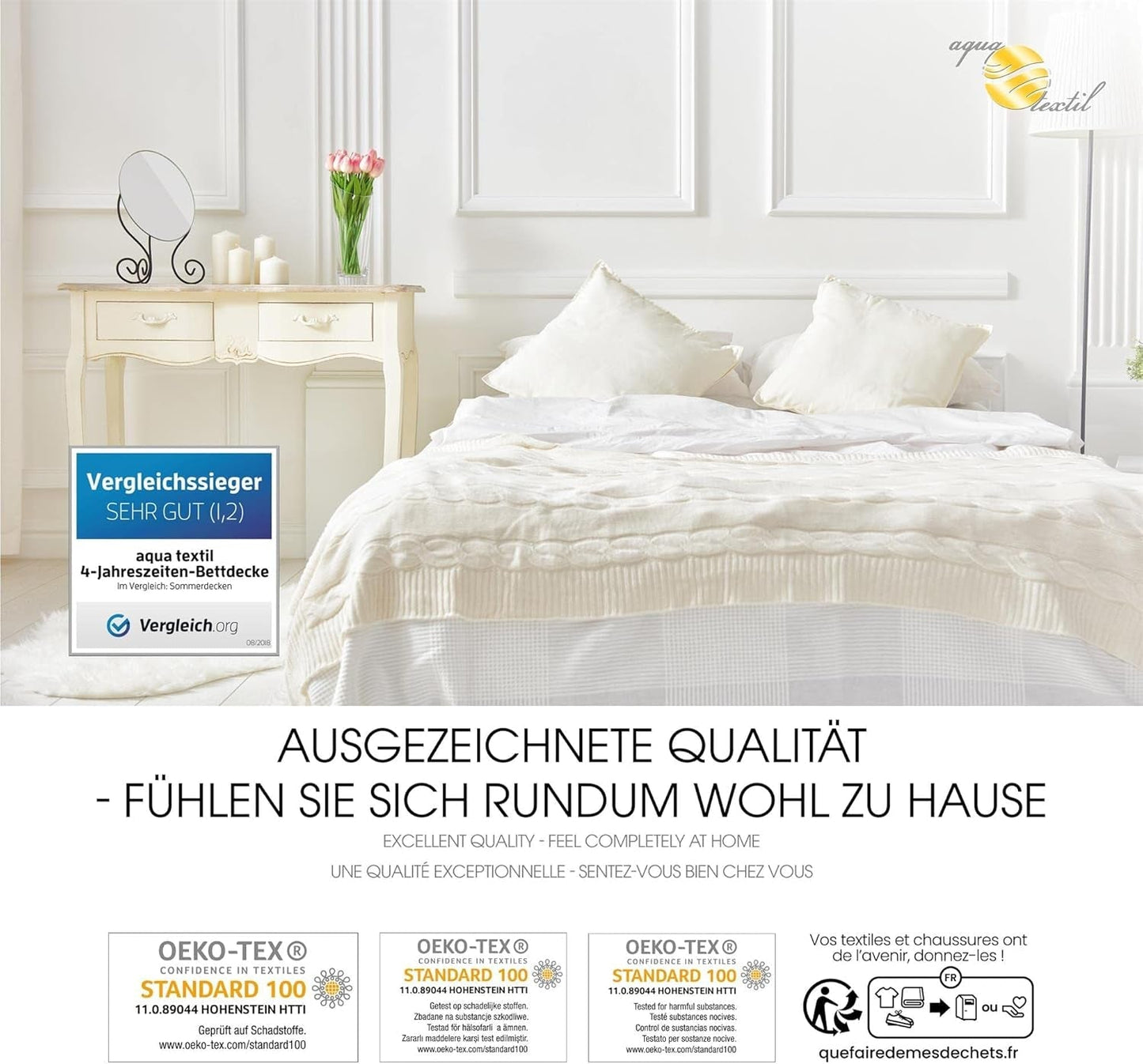 Aqua-Textil 4-sæsons quilt 135X200Cm Tæpper knyttet sammen Vinter 800G Sommer 600G Klimastyring Oeko-Tex Dyner og dyner Naty Shop