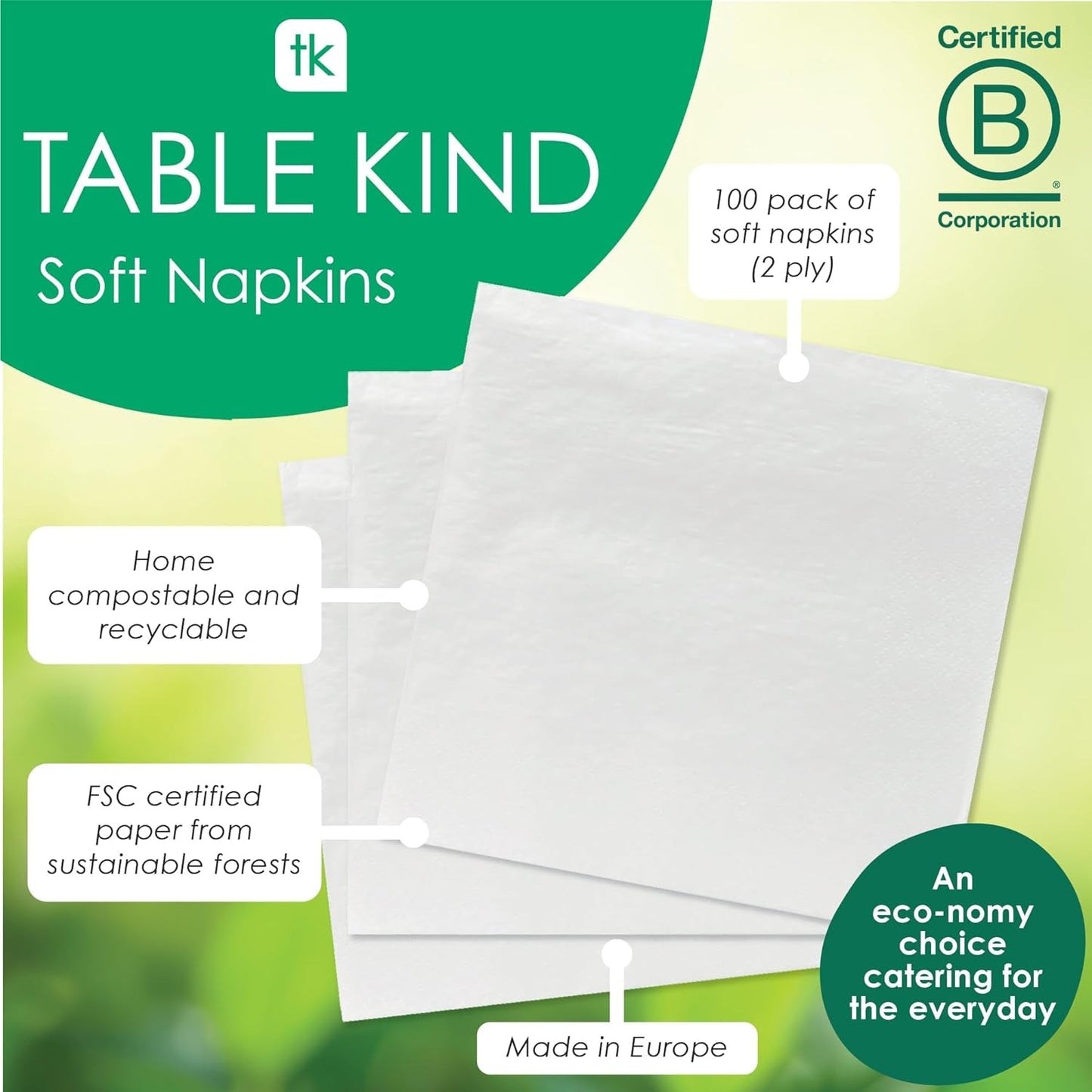 Table Kind 100 hvide bløde servietter i løs vægt, højkvalitetsservietter til fest, catering og daglig brug, FSC, bæredygtige og genanvendelige, fremstillet i EU | 2-lags | 33 cm