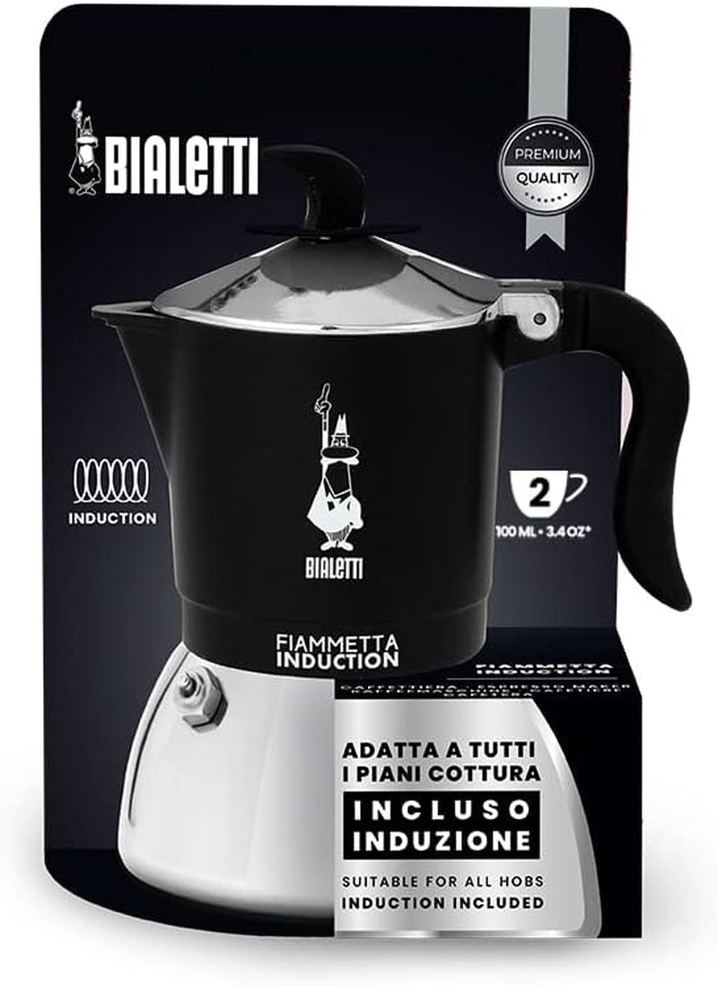 Bialetti Fiammetta induktionskaffemaskine, 2 kopper (100 ml), velegnet til alle typer kogeplader, elegant design, sort