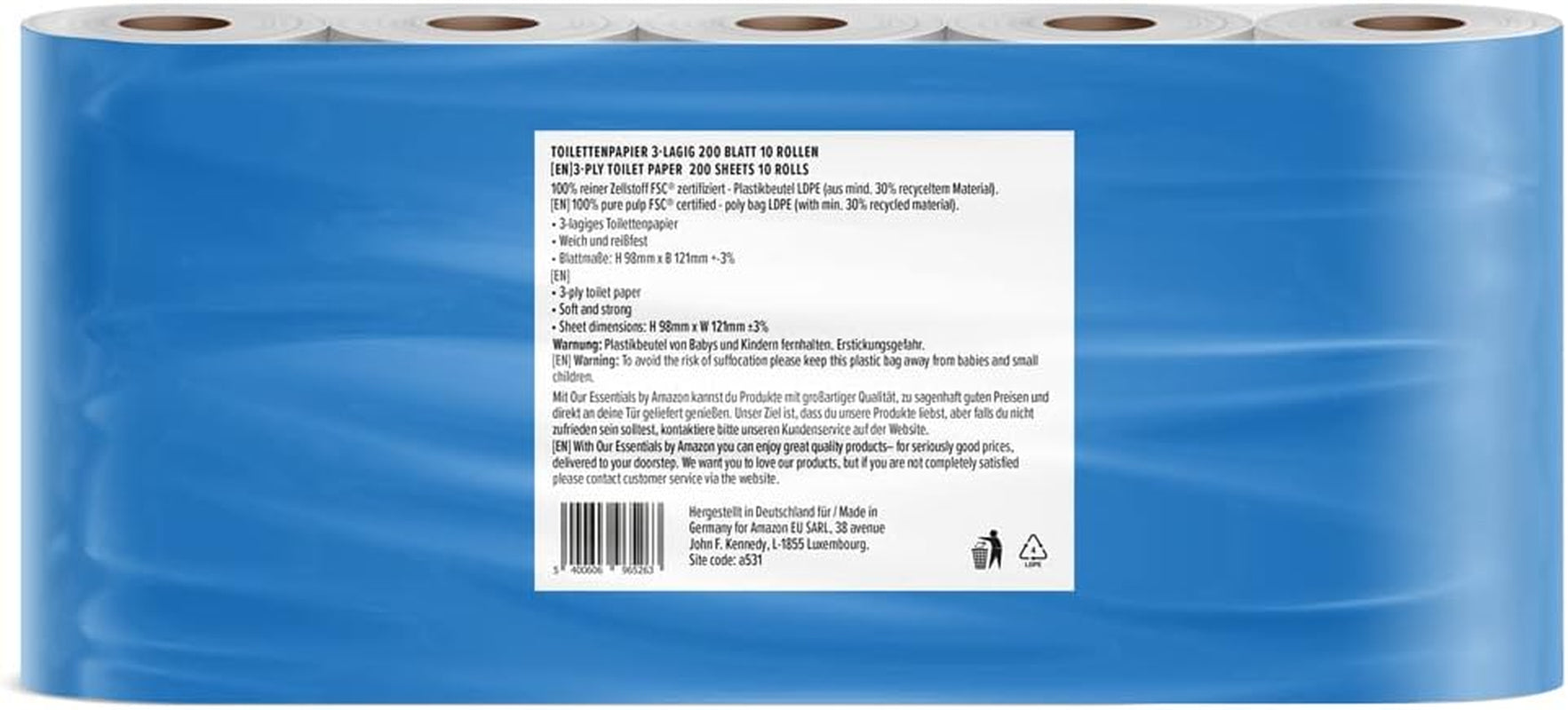 By Amazon Toiletpapir, 3 lag, 10 ruller (10 ruller, 1-pak) 200 ark pr. rulle, Fsc certificeret