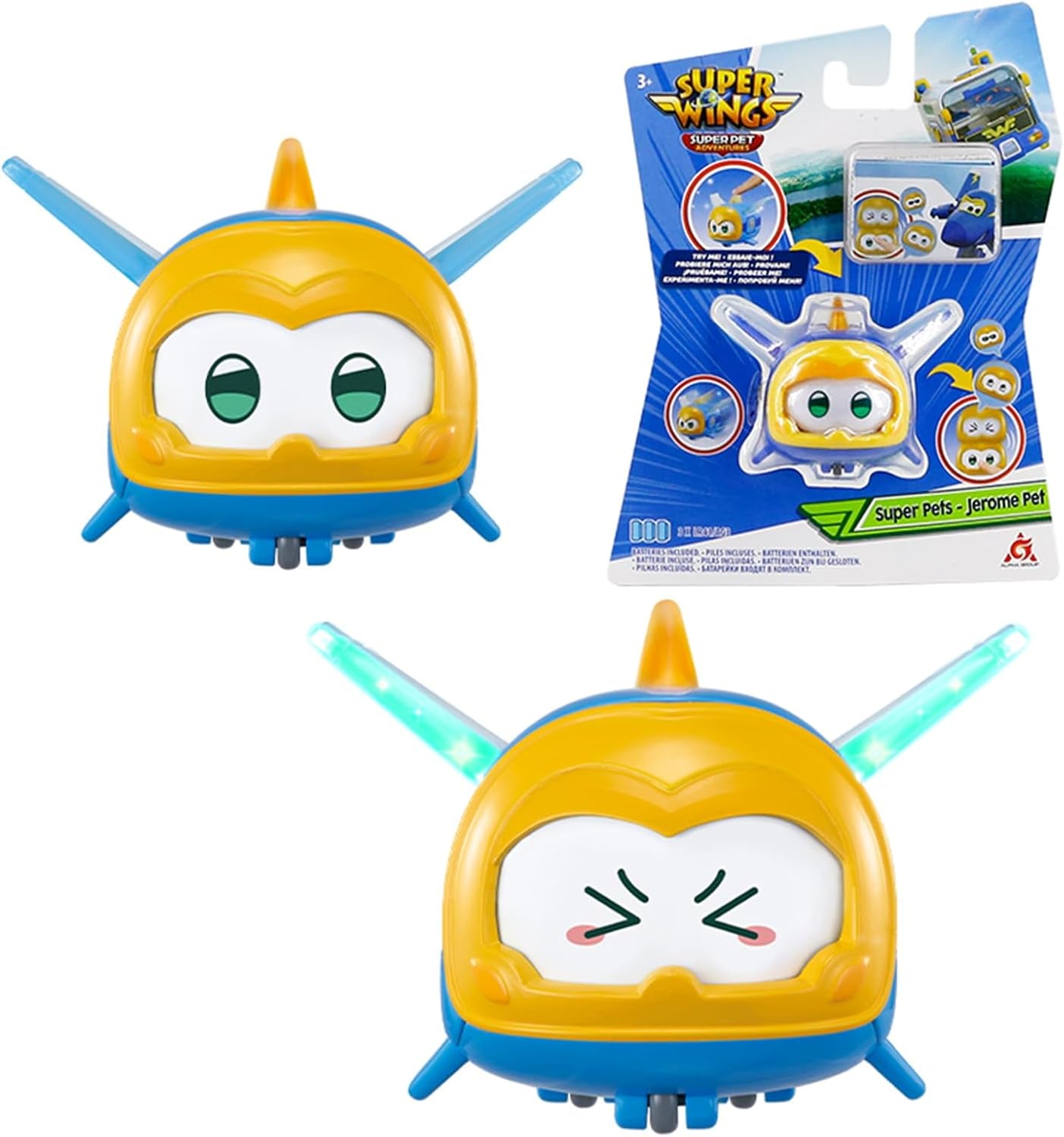 Super Wings Super Pets 4 STK Shine, Golden Boy, Jerome, Ellie Skiftbart ansigtsudtryk Lyneffekt Bærbart legetøj til 3 4 5 6 7 8 år gammel dreng Pige 2 tommer actionfigurer Naty Shop Jerome