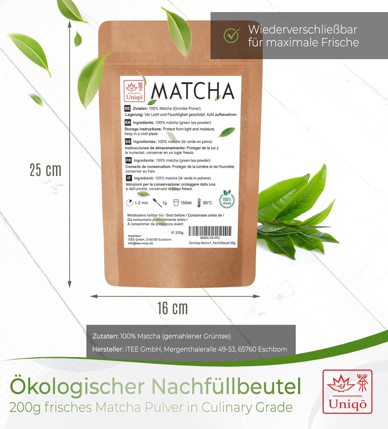 Uniqo Matcha tepulver 200 g i genopfyldelig økologisk emballage