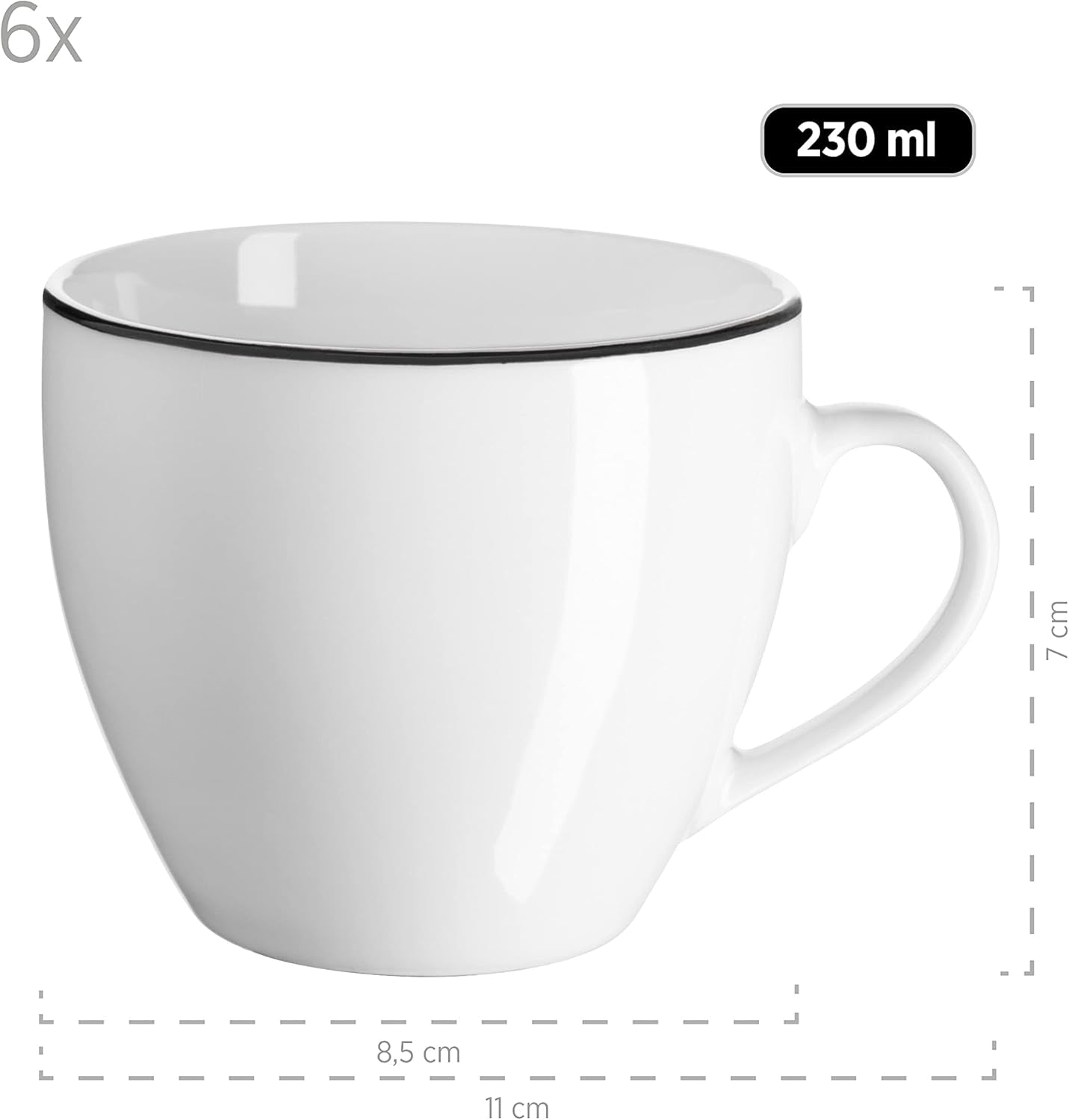 Mäser Nola Series Moderne 6-personers kaffestel Hvid med sort kant 18-delt porcelænssæt Kaffekopper Underkopper og desserttallerkener - Rundt kaffestel Kaffesæt Hvidt