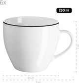 Mäser Nola Series Moderne 6-personers kaffestel Hvid med sort kant 18-delt porcelænssæt Kaffekopper Underkopper og desserttallerkener - Rundt kaffestel Kaffesæt Hvidt