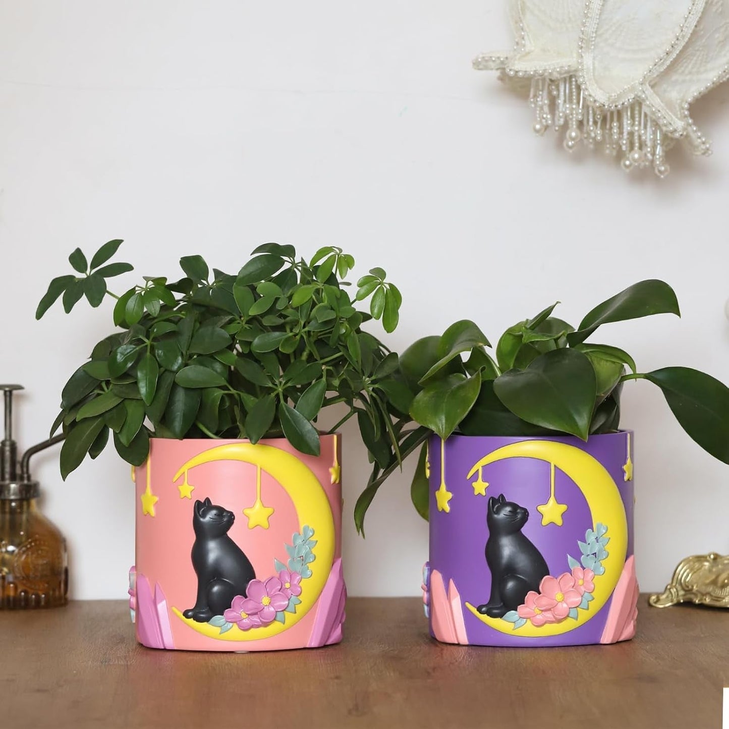 GUGUGO Cute Moon Cat urtepotter, unik blomsterpotte med dræning, regnbuefarver, små potteplanter, sjove sukkulente havepotter, gave, boligdekoration (C)