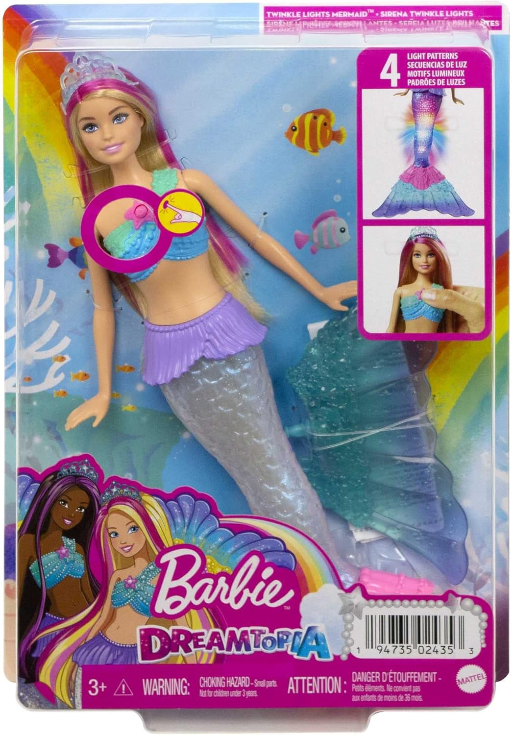 Barbie Dreamtopia Magic Light Havfruedukke med blondt hår, Barbiedukke med Havfruehale, Velegnet som gave til børn fra 3 år og opefter, HDJ36