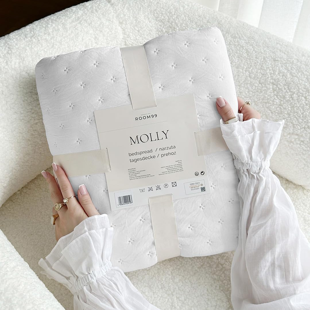 Molly Elegant sengetæppe i hvidt 220 X 240 Cm Alsidigt sengetæppe som sengetæppe eller sofapude Tæppe til seng og sofa Tæppestil Ideel som sengetæppe Senge og tæpper Besuche den ROOM99-Store