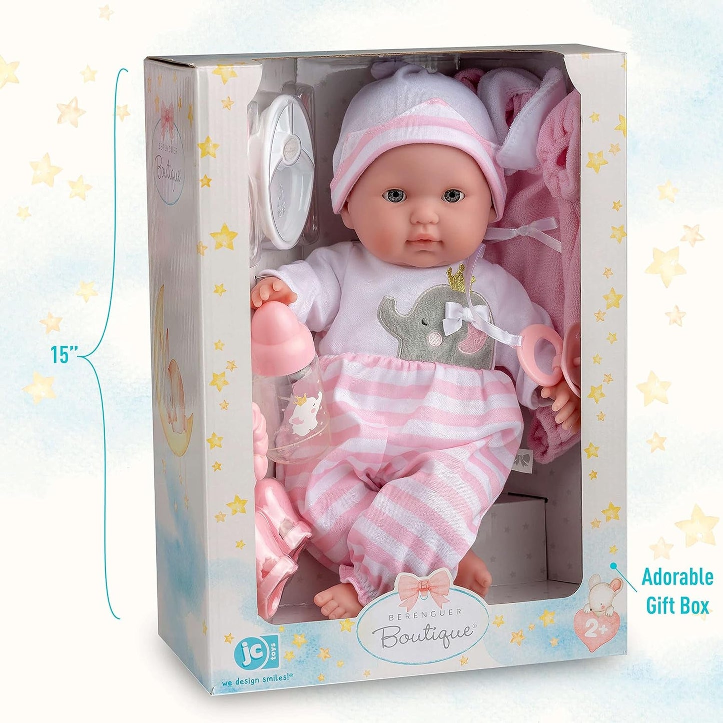 JC Toys - Berenguer Boutique 38 cm blød og naturtro dukke med åben/lukket mund, gavesæt i 10 dele, sutteflaske, rangle, sut og tilbehør, lyserød, 2+ år