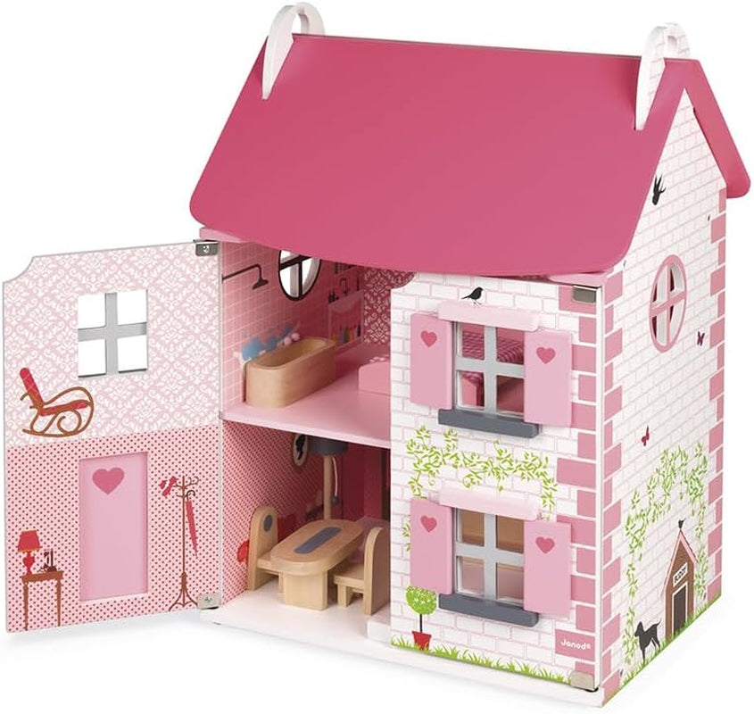 Janod - Mademoiselle dukkehus i træ, 3 etager og 11 tilbehør, kopilegetøj, udvikler fantasi, i alderen 3+, J06581, Pink Naty Shop dukkehuse