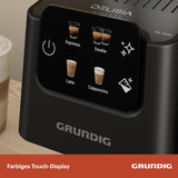 Portafilter espressomaskine GRUNDIG KSM 5330 med integreret mælkebeholder, effekt 1628 W, pumpetryk 15 bar, dobbelt mundstykke, farvetouchdisplay, BrewSense, CreamyPro, Mørk rustfrit stål/Sort