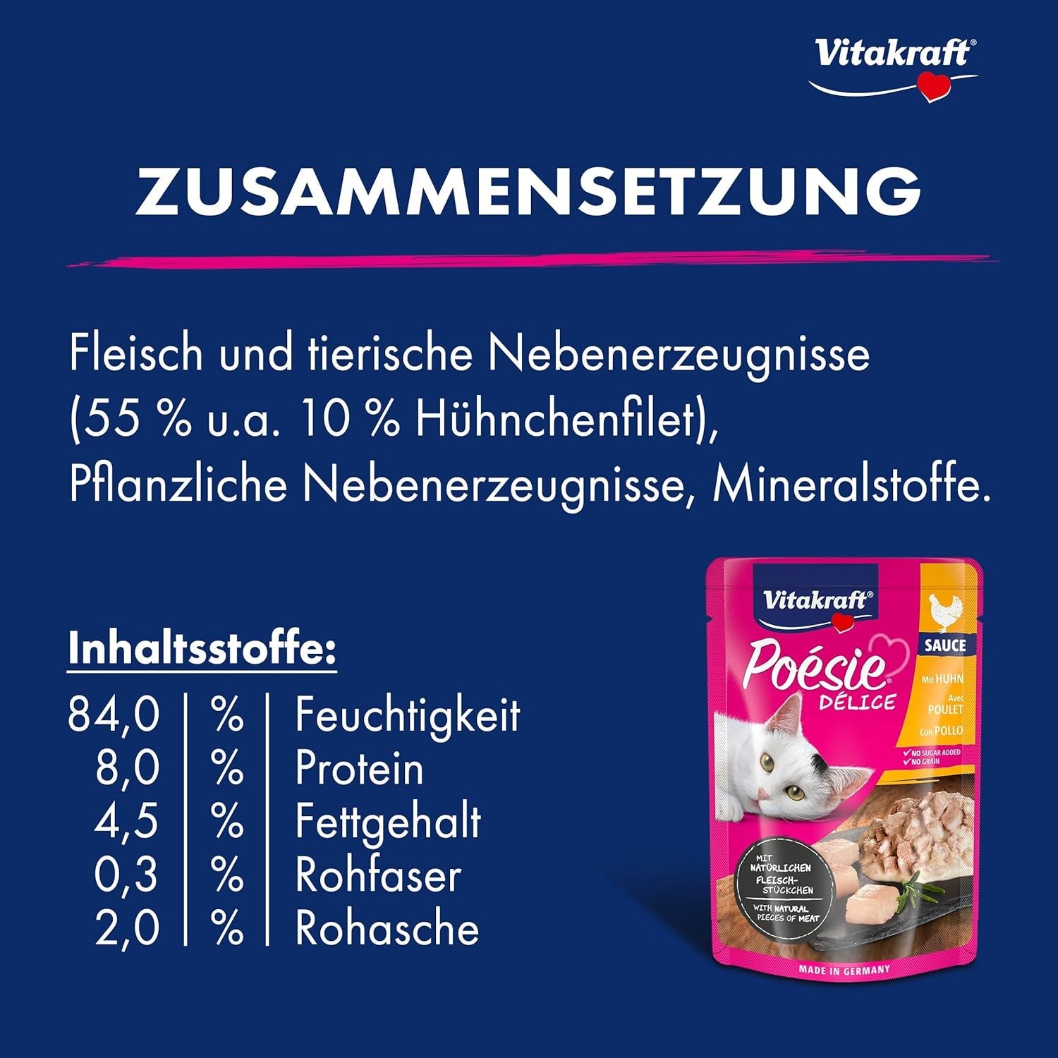 Vitakraft Poésie Délice, Nassfutter Katze, Katzennassfutter i sauce, med kylling, Vorratspackung, ohne Zusatz von Zucker und Getreide (23x 85g)