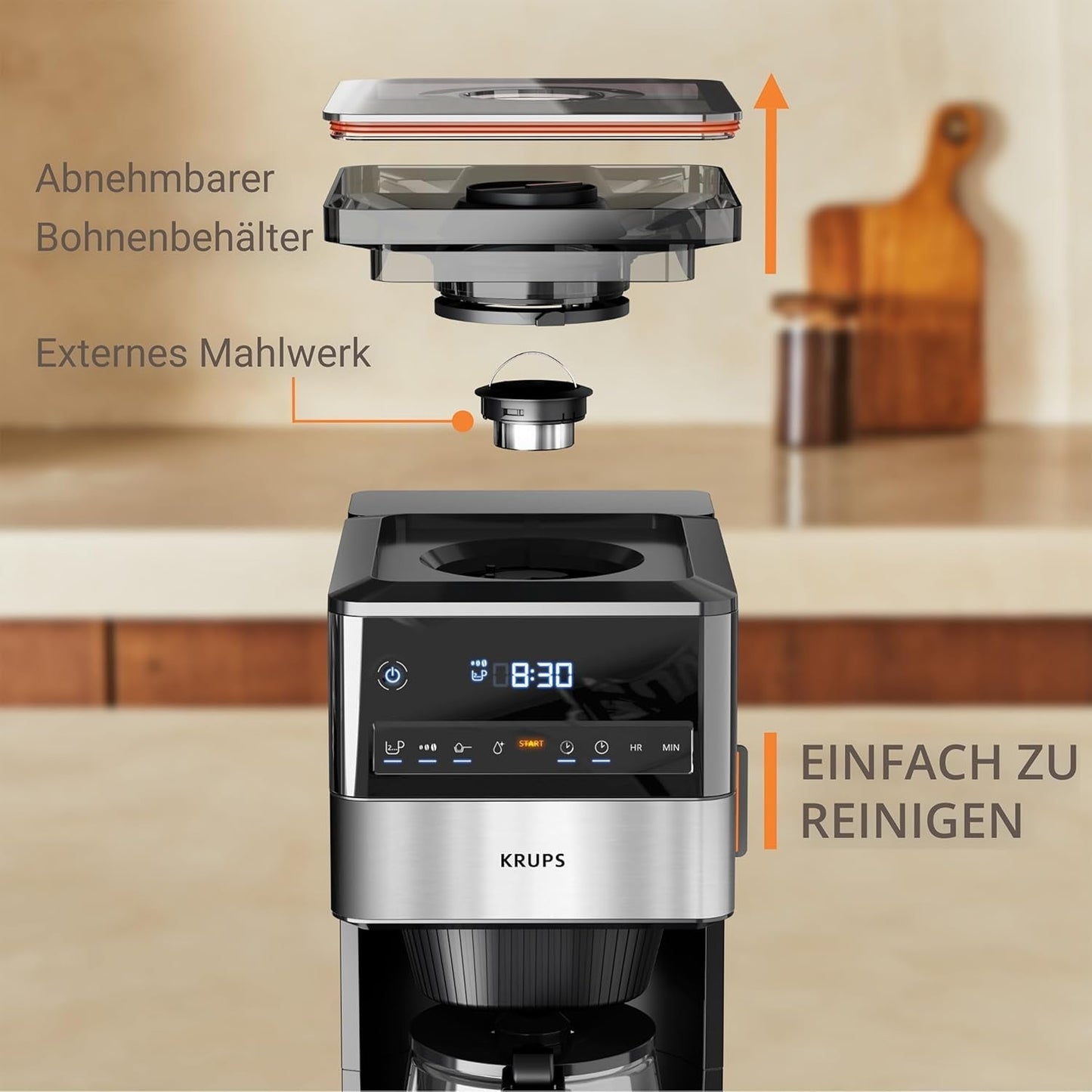 KRUPS Grind Aroma XL Espressomaskine, Aftagelig konisk kværn, Digital Kontrolpanel, XL Kapacitet (1,5 L), Hold varm funktion, Glaskaraffel, Sort/rustfrit stål, KM842810