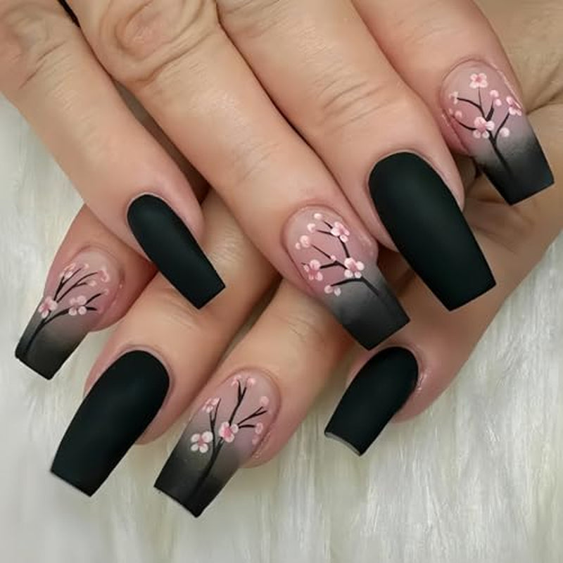 24 stk Autumn Black French Press Negle Pink Flower Lange negle lim på falske negle Autumn falske negle sæt med tilbehør