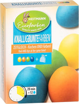 Heitmann ægfarver i lyse farver - 4 ægfarveflasker (gul, orange, grøn, blå), 2 farveforstærkere, 4 farveposer, 4 klips
