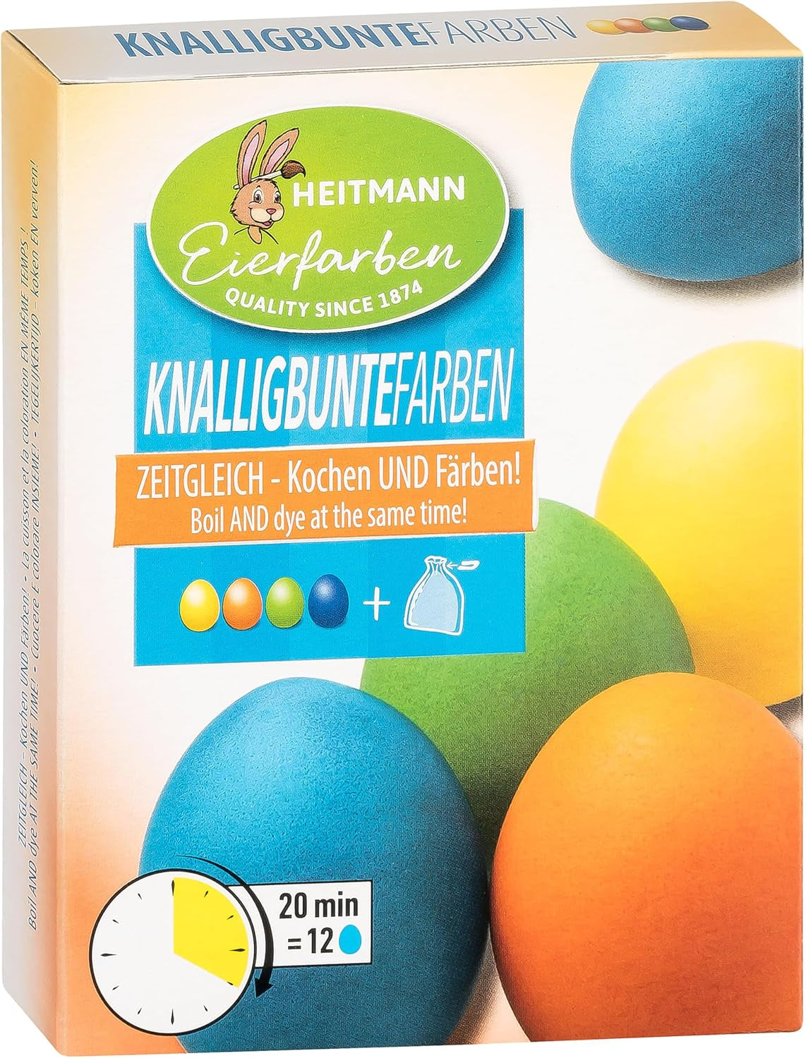 Heitmann ægfarver i lyse farver - 4 ægfarveflasker (gul, orange, grøn, blå), 2 farveforstærkere, 4 farveposer, 4 klips