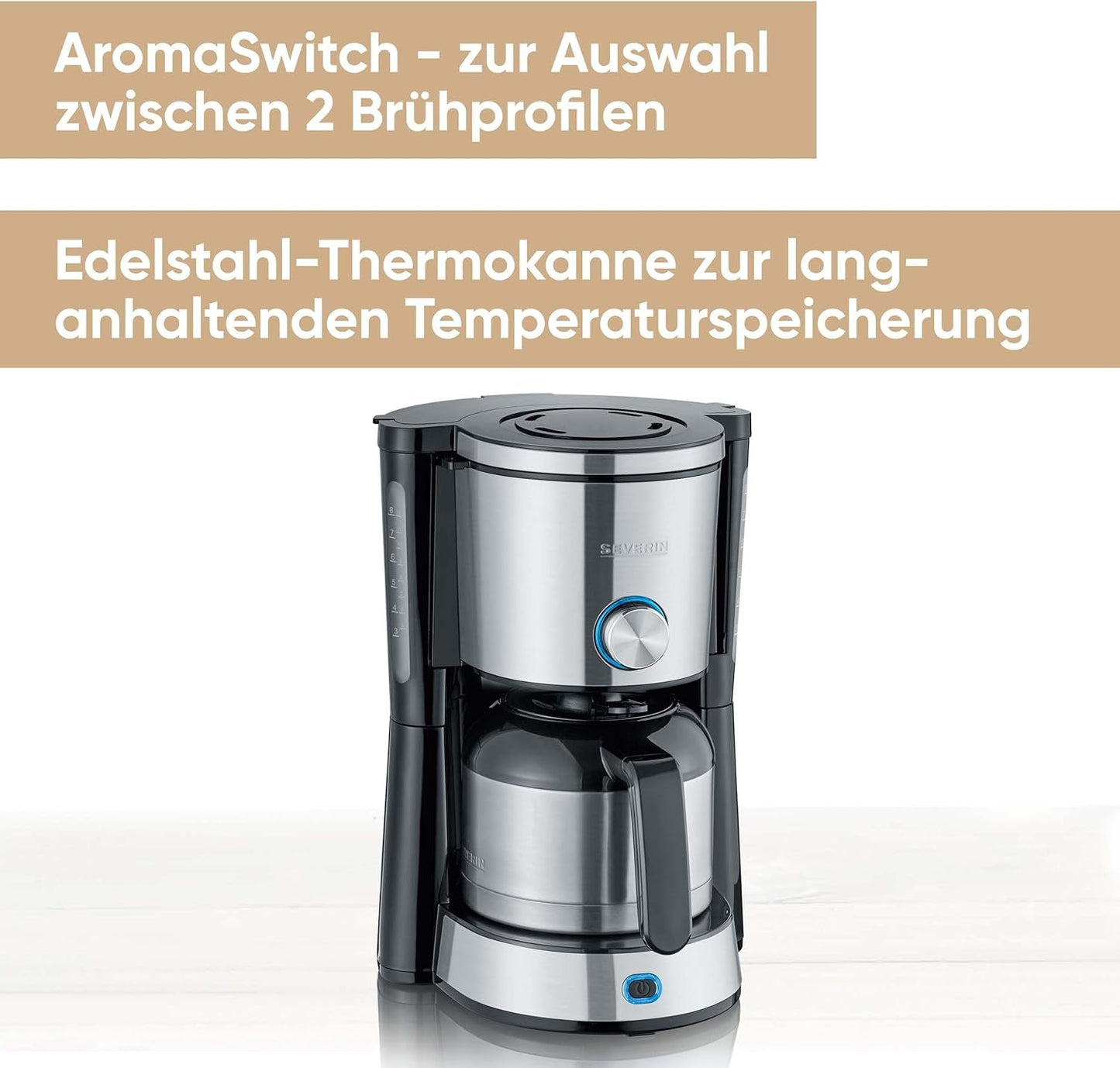 SEVERIN "TypeSwitch" espressomaskine med termokande, AromaSwitch til valg mellem 2 bryggeprofiler, kaffemaskine til op til 10 kopper, 1000W, børstet rustfrit stål-sort, KA 4845