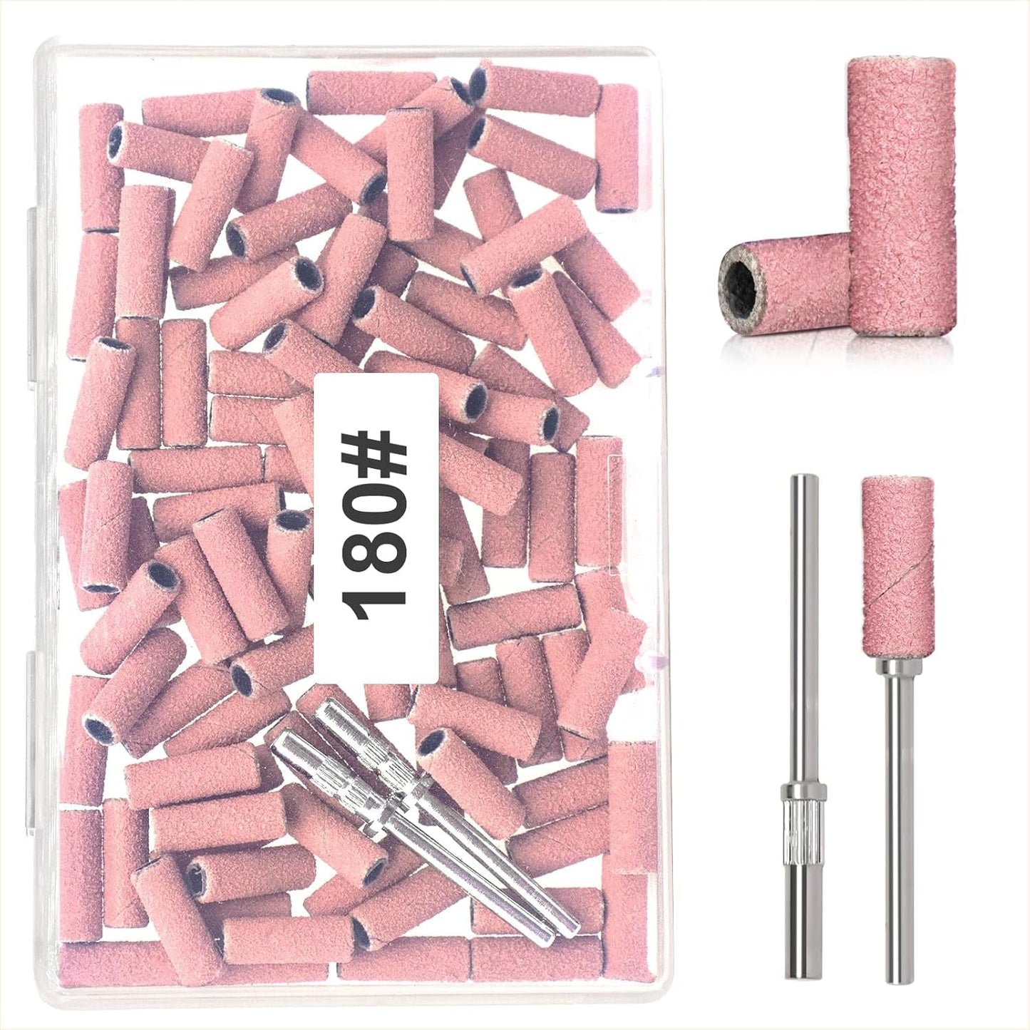 BLESWIN 100 stk. Små slibebånd til neglebor, fin korn 240 med 2 stk 3 mm bor, mini slibebånd til polering af naturlige negle og rengøringsneglebånd til præp, pink