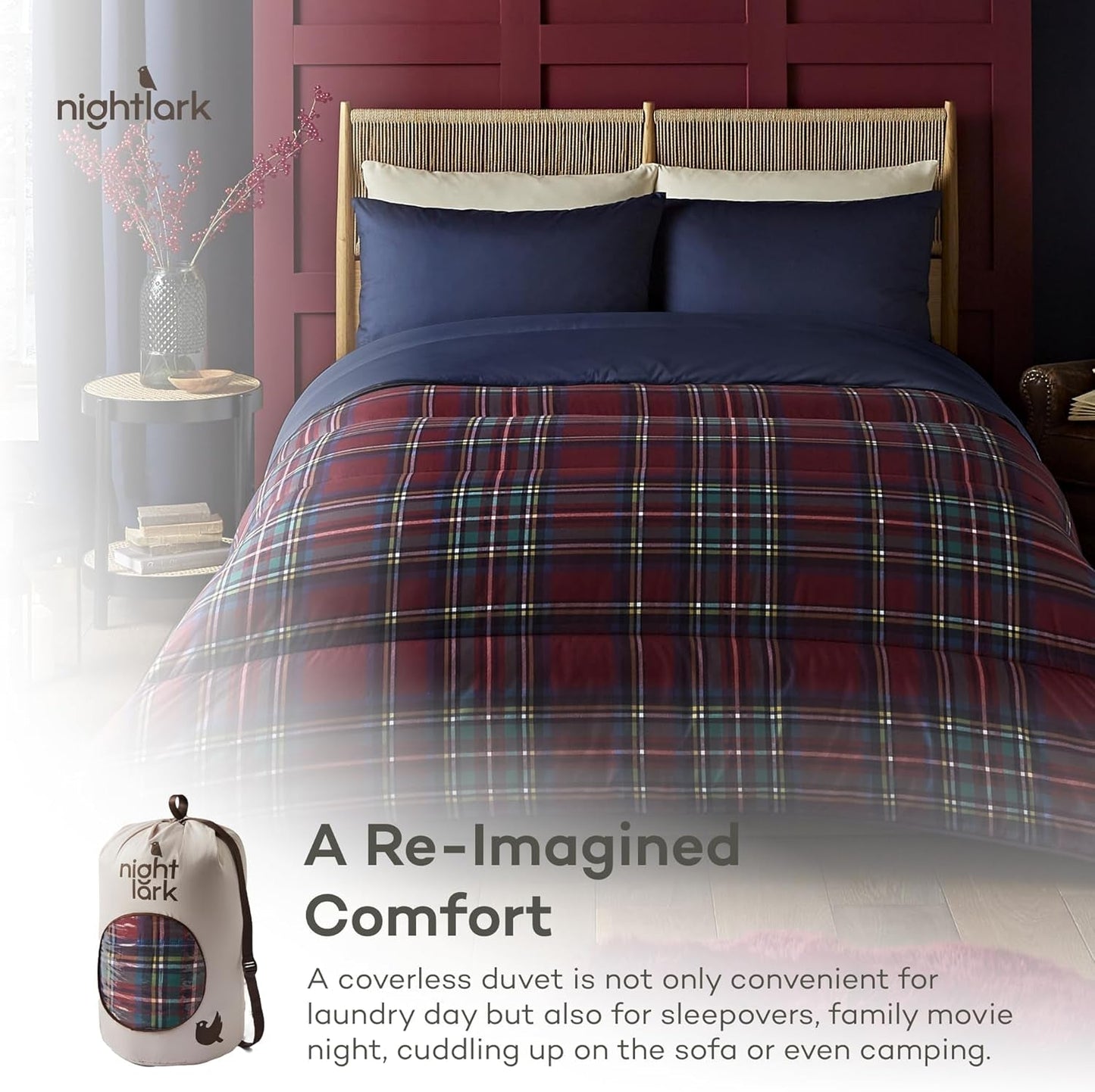 Night Lark Dyne- og Pudebetræk Sæt, 10,5 tom, Enkelt, Klassisk Rød Tartan, Luksus sengetøj, Hypoallergenisk, Maskinvaskbare Dyner og Dyner Naty Shop