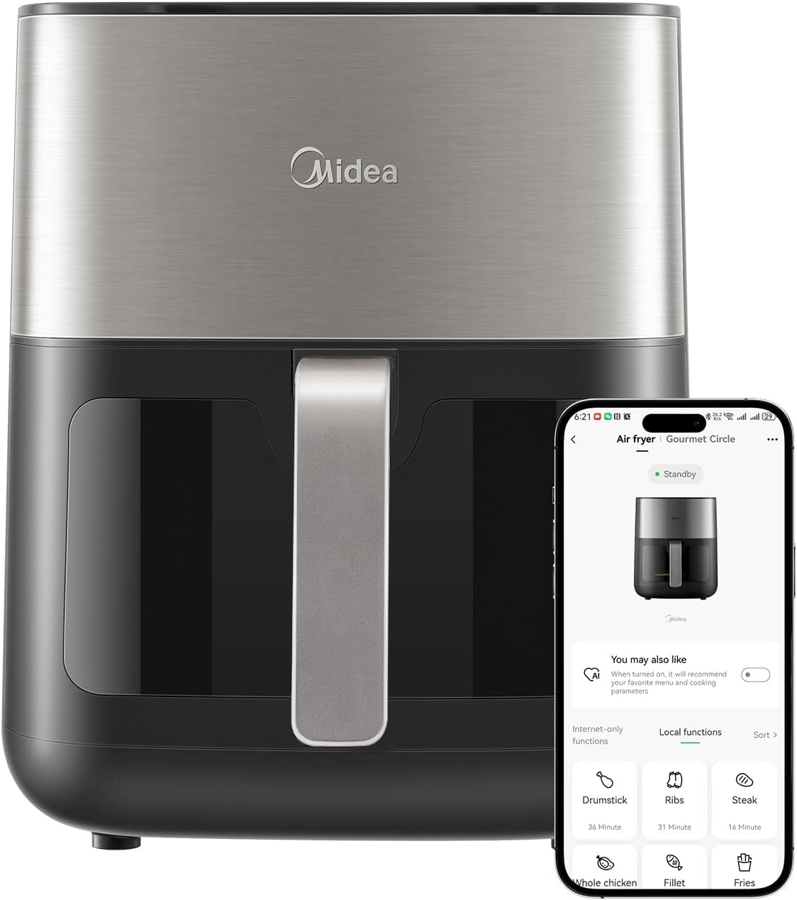 Midea Hot Air Fryer 2L, 1150W Airfryer, oliefri, Hot Air Fryer, Automatisk slukfunktion Hvidevarer Naty Shop 6L