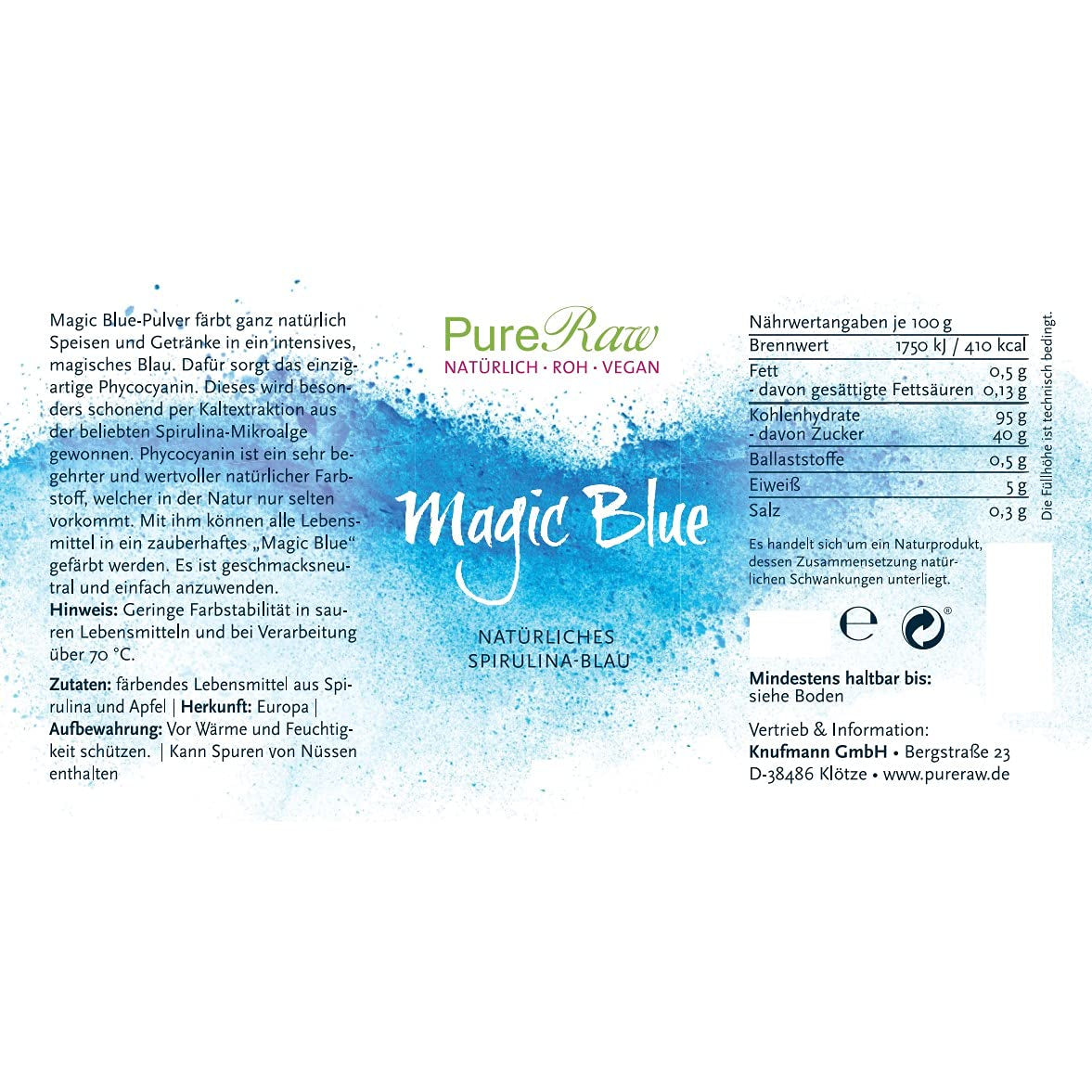Magic Blue Spirulina Naturlig Fødevarefarve Pulver Blå (Rå Vegansk) Mørkeblå til Lys Pastelblå - Phycocyanin Alger Pulver Fødevarefarve - Naturlig Fødevarefarve | Pureraw 5G