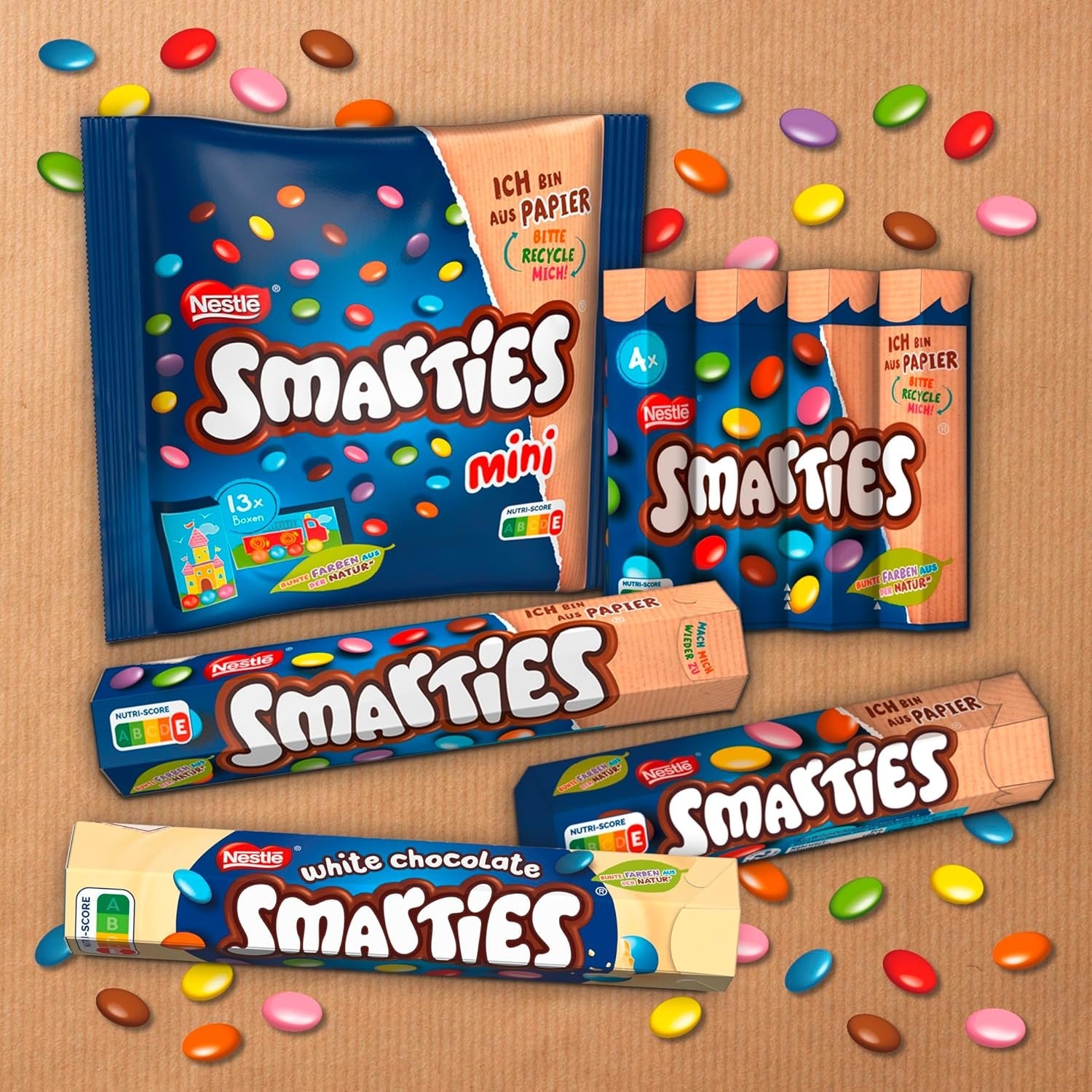 Nestlé SMARTIES Multipack, lille rulle, chokoladefarvede linser, ideel til børnefødselsdage, naturlige farver, sekskantet rulle, pakke med 12 (12x (4 x 34g))