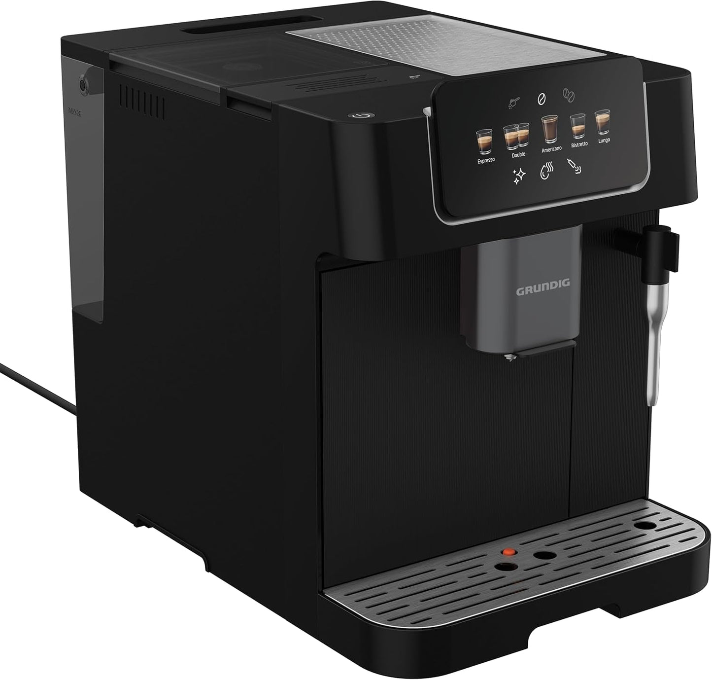 GRUNDIG KVA 6230 fuldautomatisk espressomaskine med mælkeskummer, rustfri stålkværn med 13 slibeindstillinger, bønnebeholder 250 g, aftagelig vandtank 2 liter, pumpetryk 19 bar, touchdisplay, sort