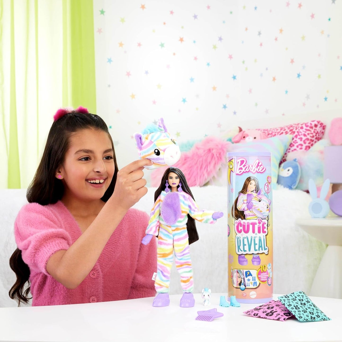 Barbie Cutie Reveal Dukke og tilbehør, Rainbow Zebra Plush Outfit og 10 farveskiftende overraskelser, Color Dream Range, HRK39