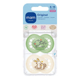 MAM originale sutter, 2-pack, tandvenlige babysutter, fremstillet af bæredygtige og bioregenererbare materialer, MAM SkinSoft silikonesutter, med sutteæske, 6-16 måneder, ulv/kanin