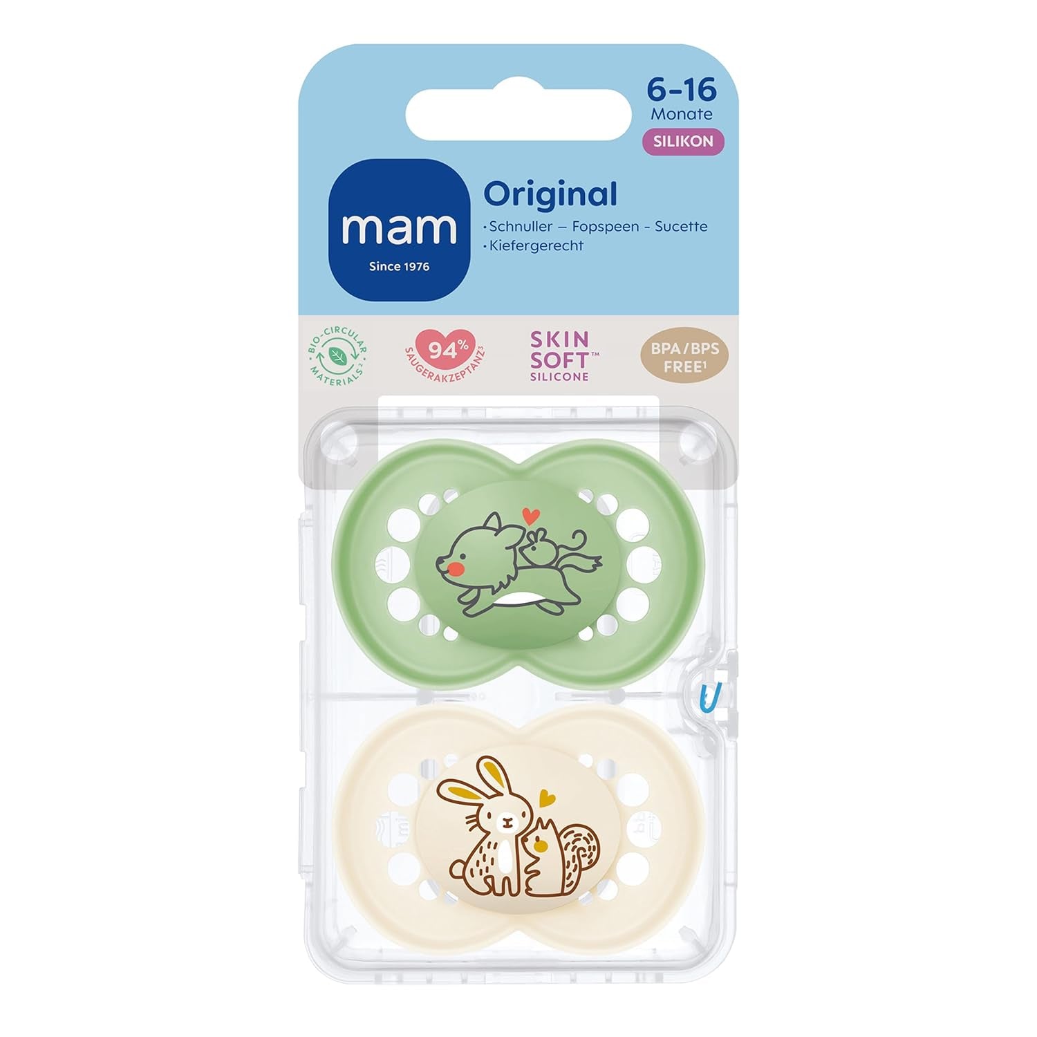 MAM originale sutter, 2-pack, tandvenlige babysutter, fremstillet af bæredygtige og bioregenererbare materialer, MAM SkinSoft silikonesutter, med sutteæske, 6-16 måneder, ulv/kanin