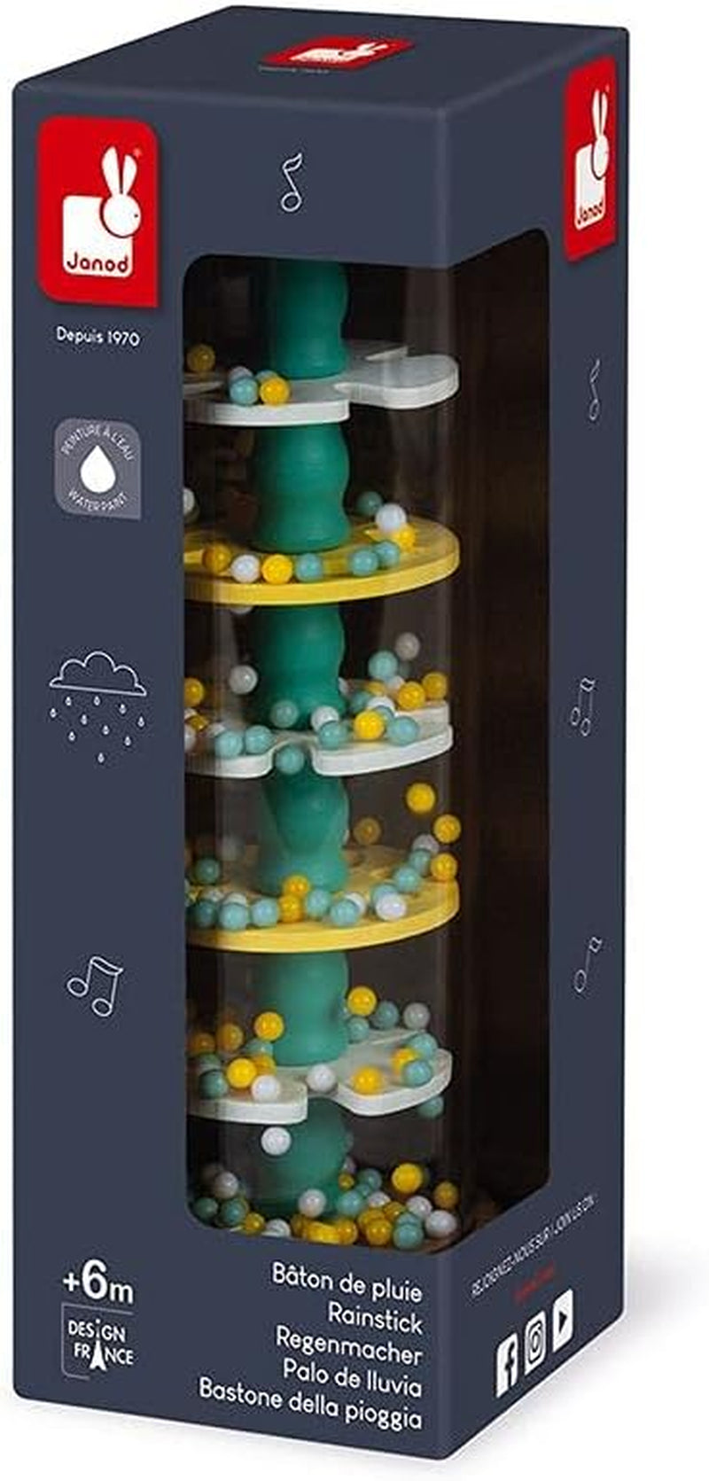 Janod - Wooden Rainmaker - Pure Collection - Legetøj til babyer og småbørn - Udvikling af finmotorik Visuel og akustisk stimulering - Vandbaseret farve - Fra 6 måneder, J05193 Baby Toys Naty Shop