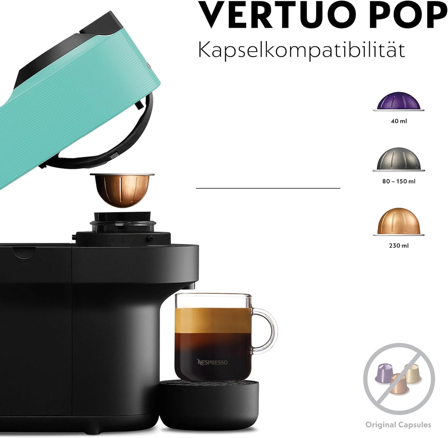 Espressomaskine med Nespresso Krups Vertuo Pop-kapsler, kapacitet: 560 ml, automatisk kapselgenkendelse, one-touch system, 4 kopstørrelser, forkortet opvarmningstid, bæredygtig, Aqua Mint, XN9204